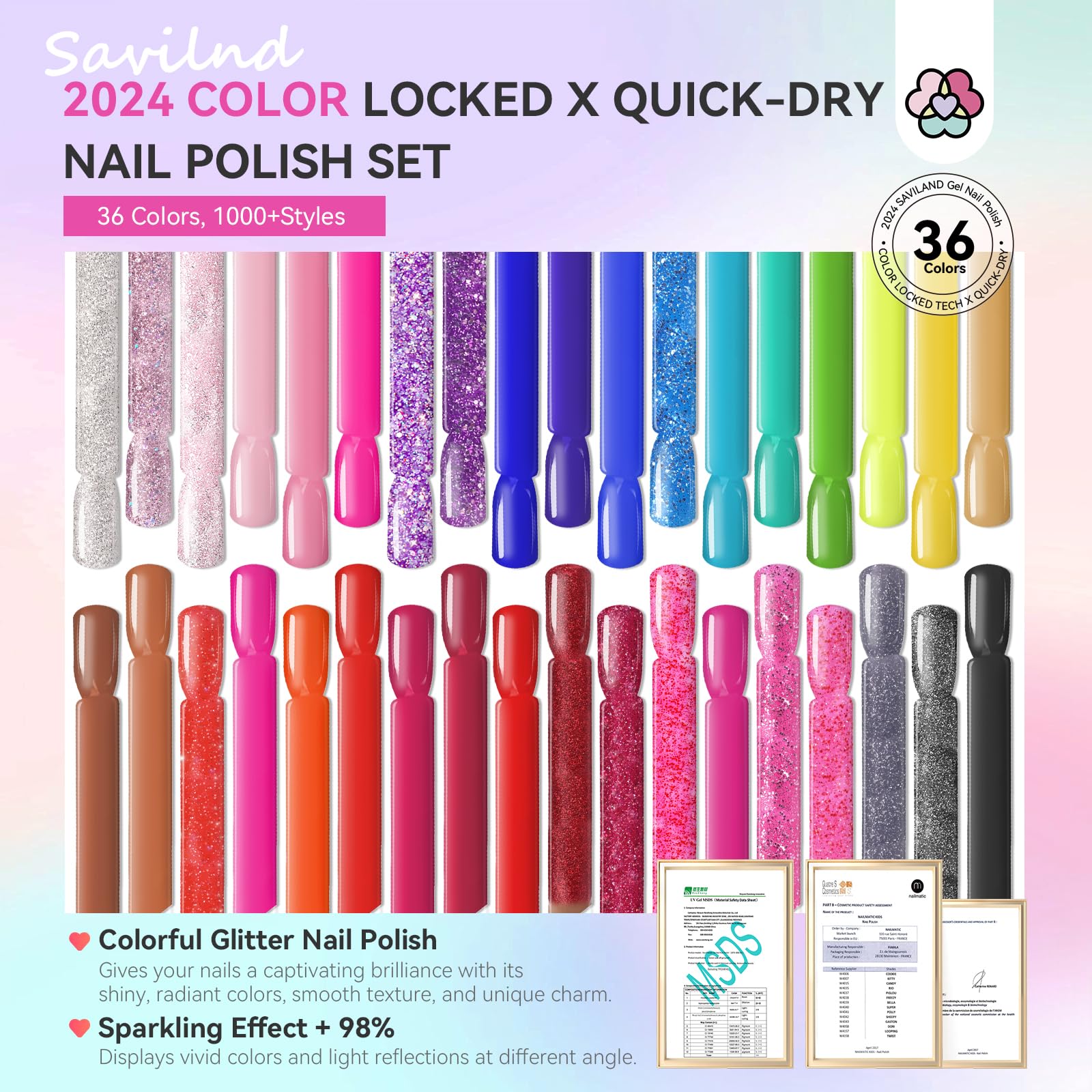 SAVILAND 36pcs Nail Polish Set - Rainbow Colors & Glitter for DIY Manicure at Home