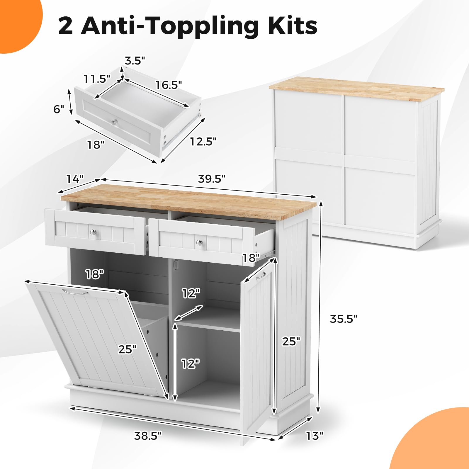 Tilt Out Trash Cabinet - White Kitchen Island with 2 Drawers, Adjustable Shelf & Rubber Wood Countertop | Freestanding Laundry Hamper & Pet Proof Garbage Can Holder with Recycle Bins | Perfect for Small Kitchens, Laundry Rooms & Pet-Friendly Homes