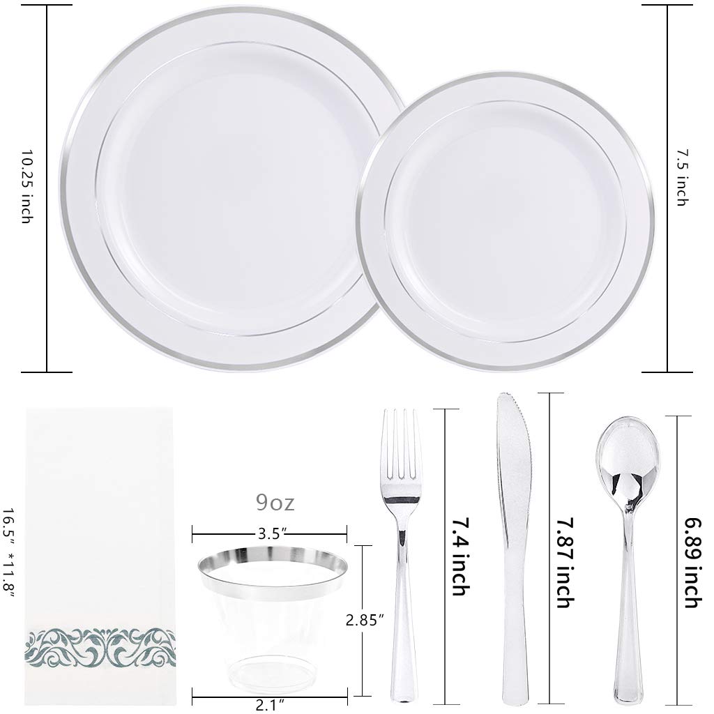 350PCS Silver Plastic Dinnerware Set for 50 Guests - Disposable Silver Plates, Forks, Knives, Spoons, Cups & Napkins for Party, Wedding, Christmas & Events | Elegant & Convenient Tableware Solution
