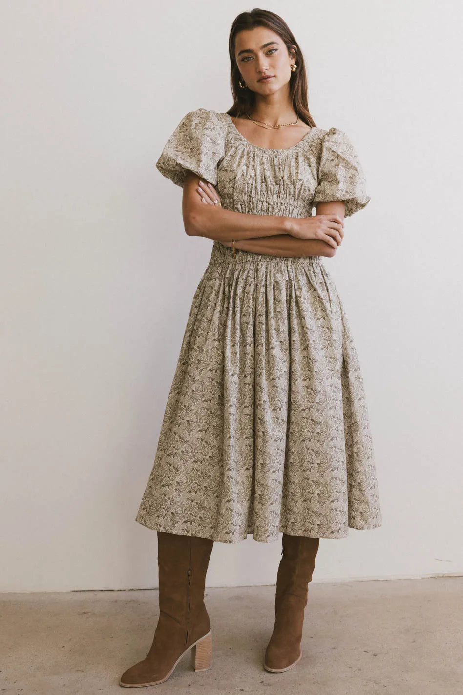 Lucille Smocked Floral Dress in Olive Green - Women's Summer Boho Maxi Dress for Beach Vacation & Outdoor Weddings