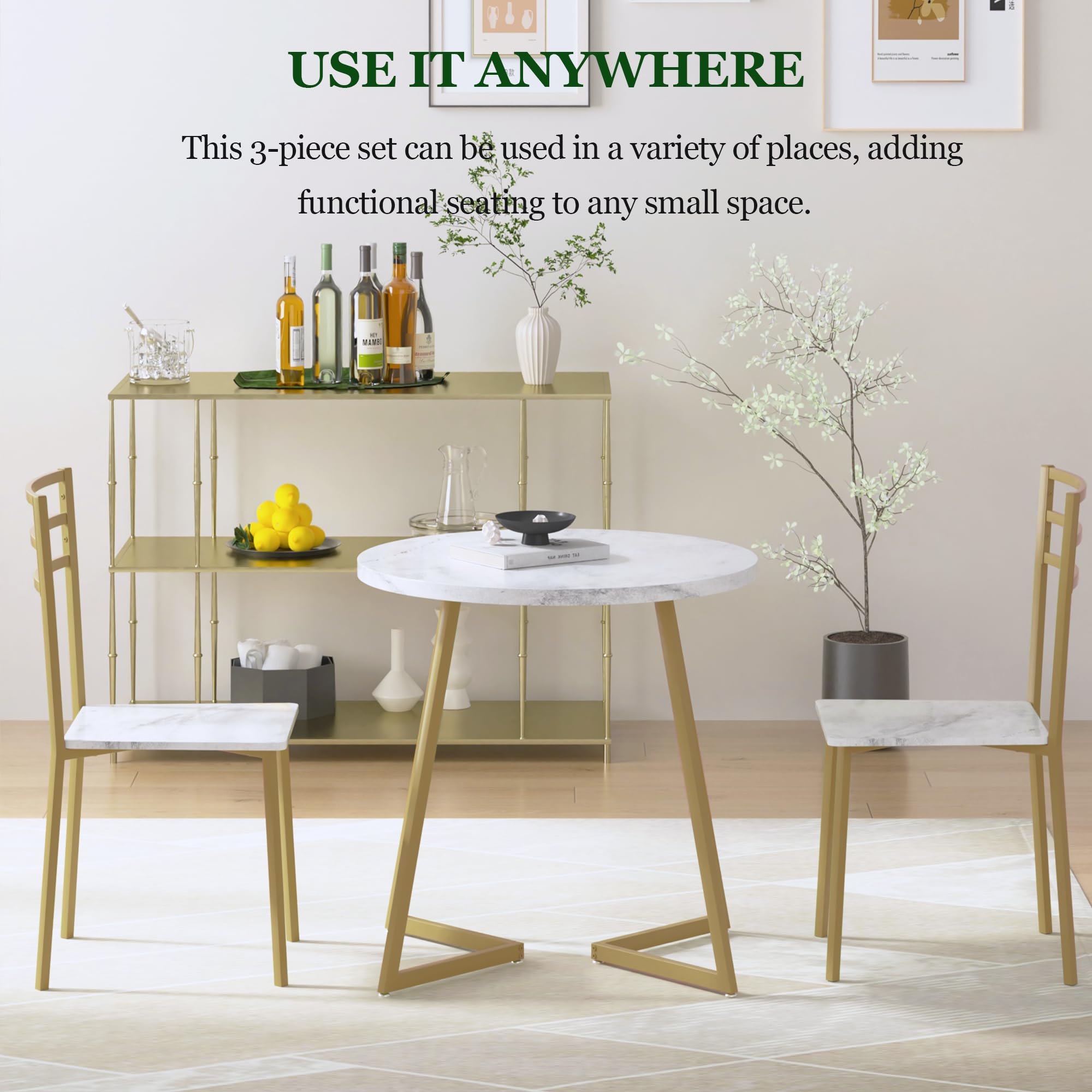 VECELO 2-Person Small Round Dining Table Set with Wood Tabletop & Sturdy Metal Frame - Modern Kitchen Dinette, Breakfast Nook & Living Room Furniture in White & Gold - Perfect for Small Spaces, Apartments & Cozy Dining Areas
