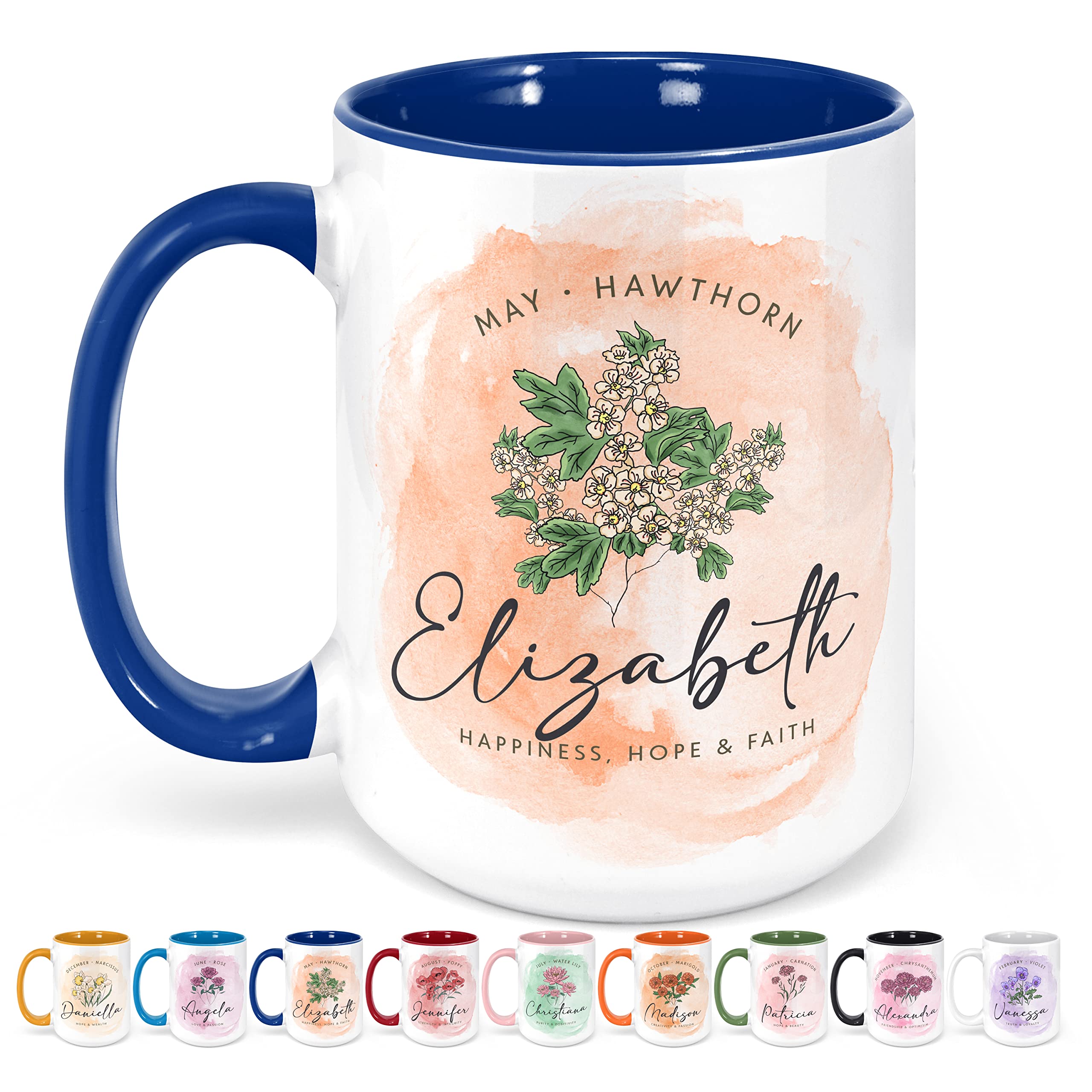 Personalized Birth Flower Coffee Mug for Women - 15 Oz Royal Blue Custom Name & Birth Month - Unique Birthday Gifts for Her, Mom, Daughter | Perfect for Mother's Day, Housewarming, Anniversary & Daily Coffee Time