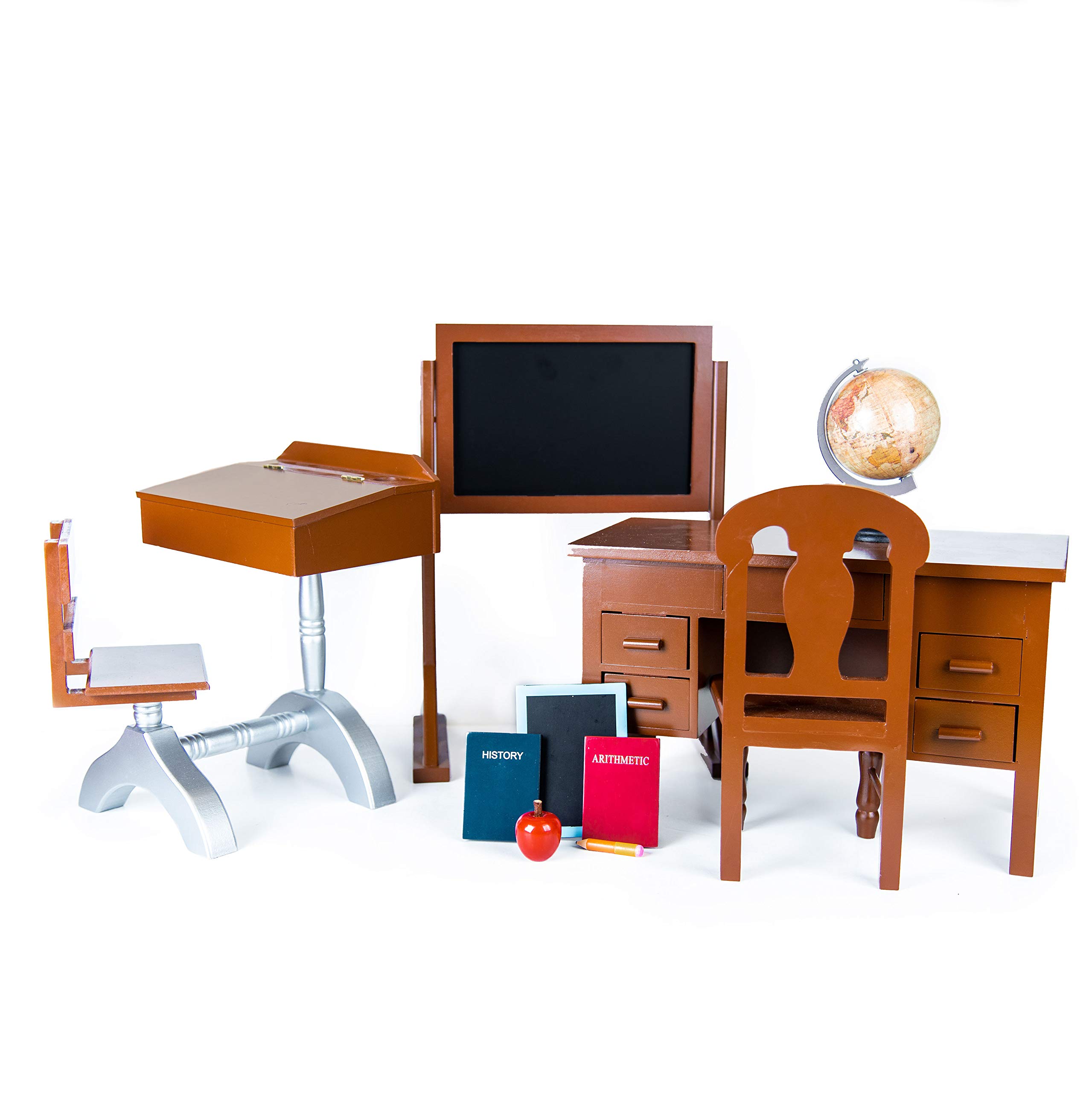 The Queen's Treasures 18 Inch Doll Classroom Set - Teacher & Student Desks, School Books, Chalkboard, Pencil & Globe | American Girl Doll Furniture Compatible | Perfect for School Role Play & Educational Pretend Play