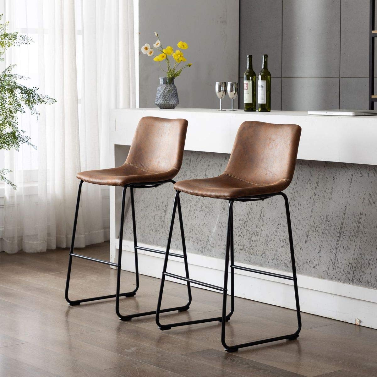 Vanity Art Set of 2 Synthetic Leather Barstools - Armless Upholstered Dining Chairs with Sturdy Metal Legs, Brown (UC-13HBRN) - Perfect for Kitchen Islands, Breakfast Bars & Small Space Dining