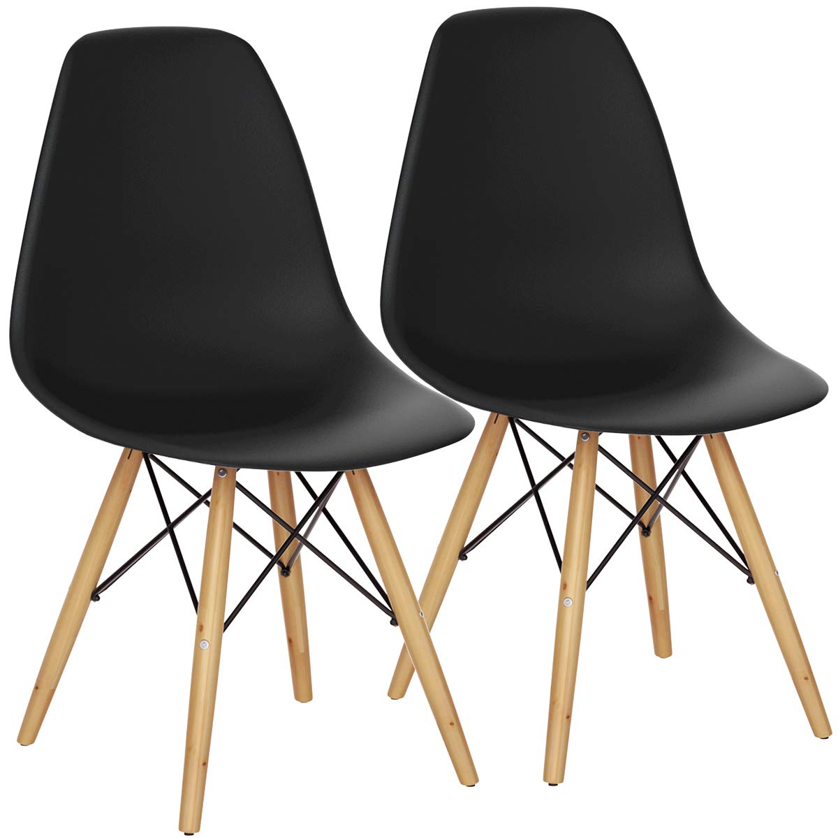 GOFLAME DSW Dining Chairs Set of 2 - Modern Shell Plastic Chairs with Wood Legs, Armless Side Chairs for Kitchen, Living Room & Bedroom - Ergonomic Backrest, Eiffel Style Design - Black | Perfect for Dining Tables, Home Office & Small Spaces