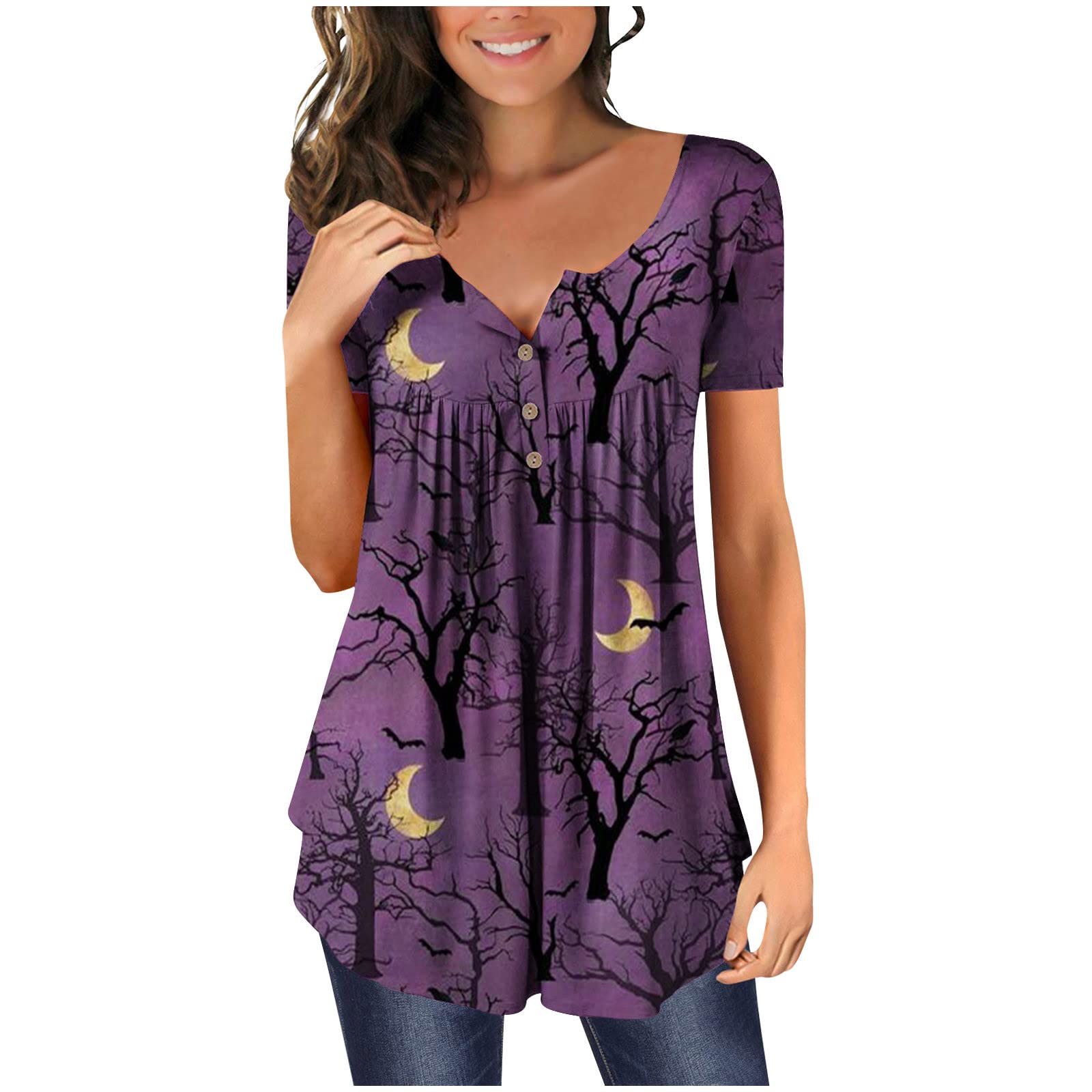 Women's Halloween Tunic Top - Flowy Short Sleeve Henley Shirt for Leggings, Casual Summer Blouse with Belly Control - Perfect for Costume Parties & Everyday Wear