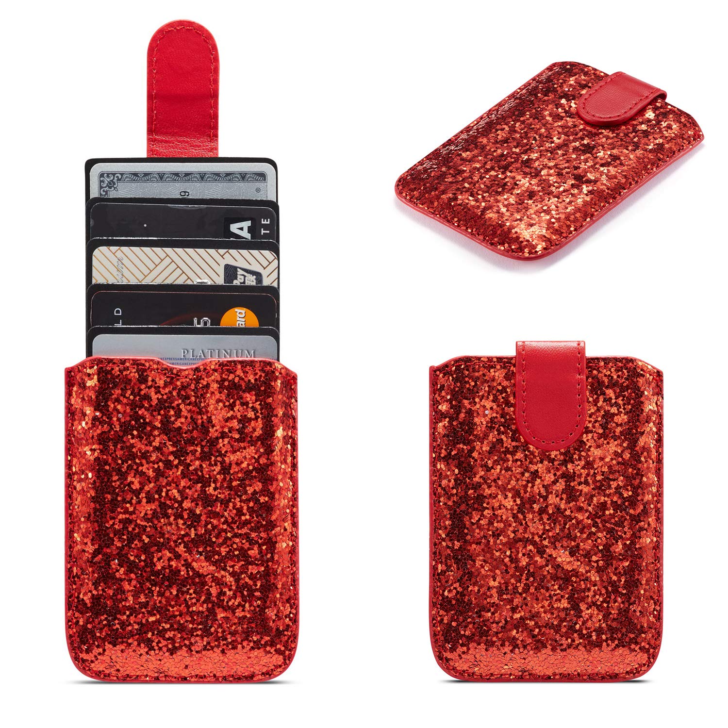 Glitter 5 Cards Holder Cell Phone Pouch - RFID Blocking Stretchable Wallet with Adhesive Back for iPhone 16/15, Galaxy S24 Ultra/Note 20, A55/A74 - Stick on Smartphone Credit Card ID Holder (Glitter Red) | Perfect for Shopping, Travel & Everyday Use