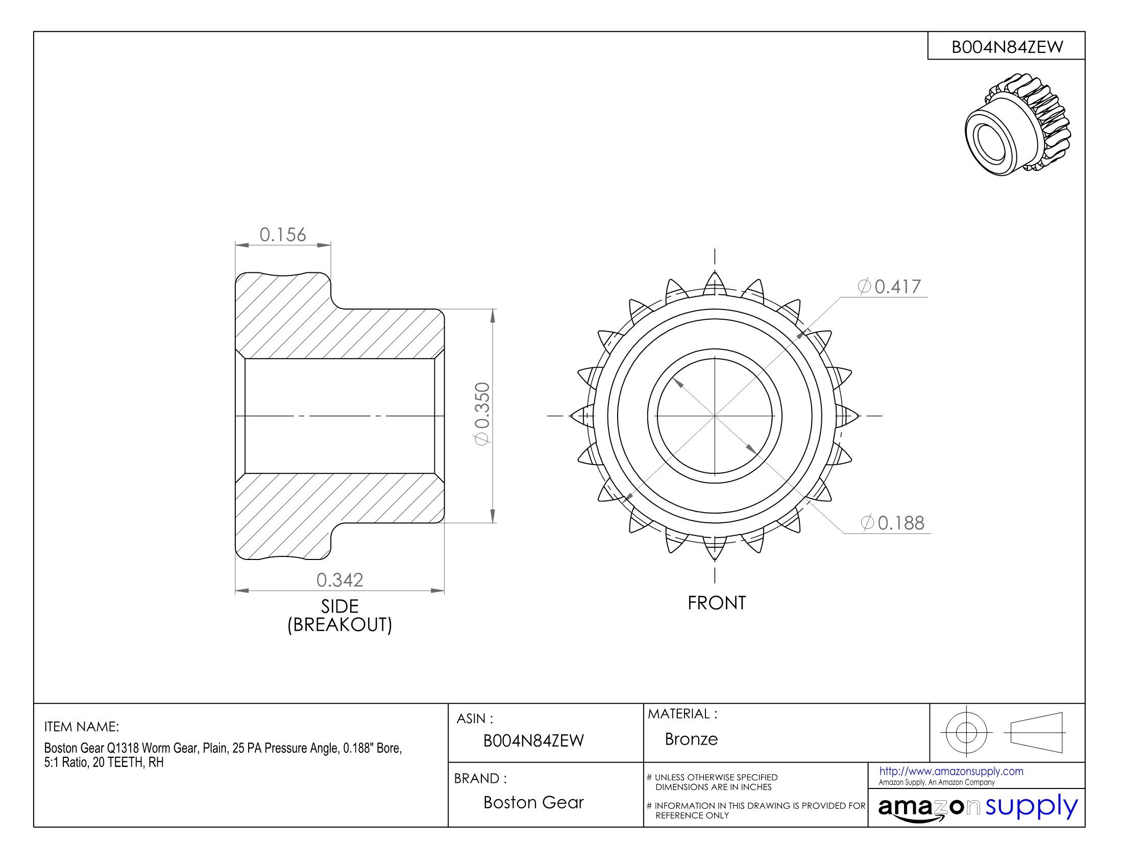 Q1318 Worm Gear - Plain, 25° PA Pressure Angle, 0.188
