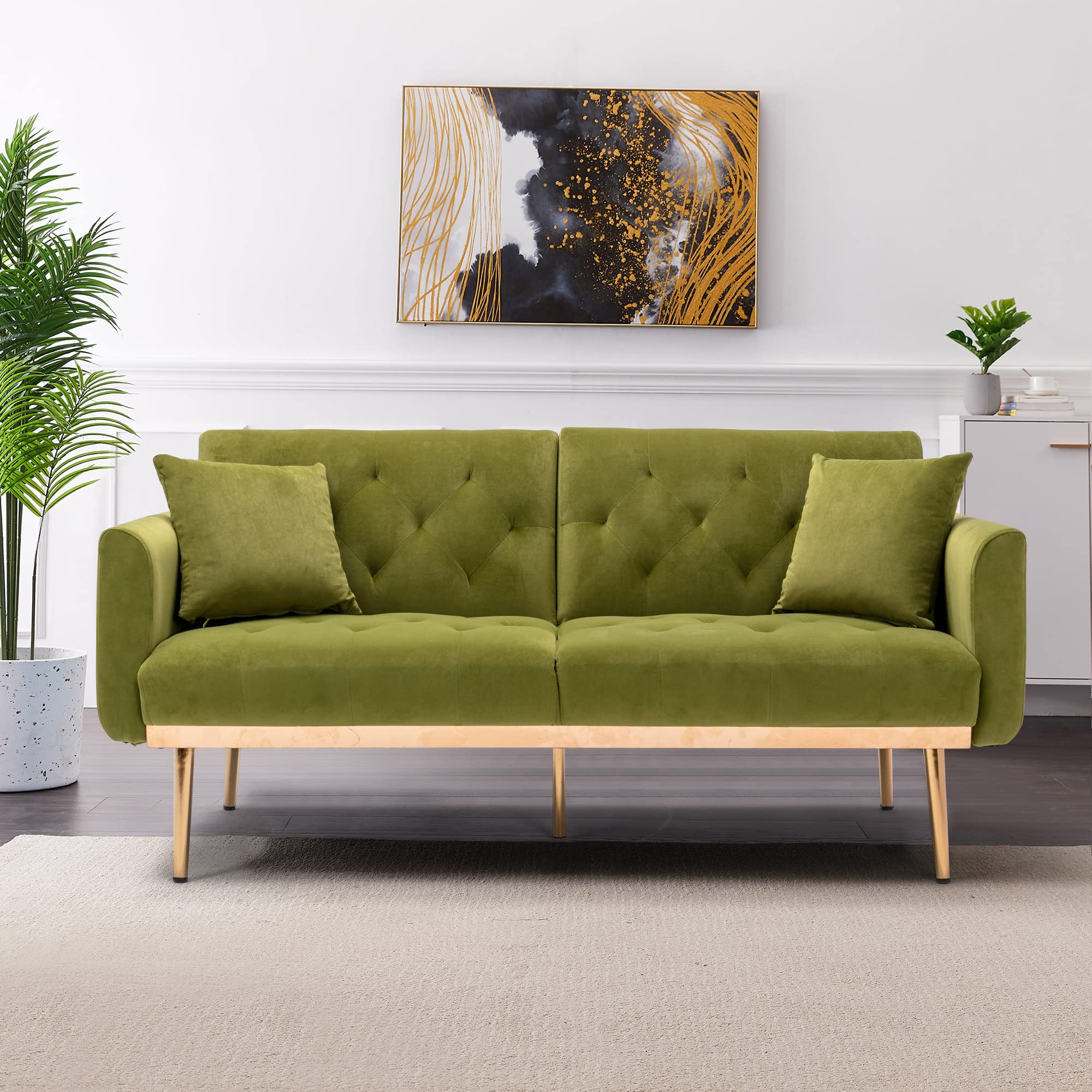 Velvet Convertible Futon Sofa Bed - Tufted Loveseat with Golden Metal Legs & 2 Pillows - Modern Accent Sofa Recliner for Living Room, Bedroom & Small Spaces (Olive Green)