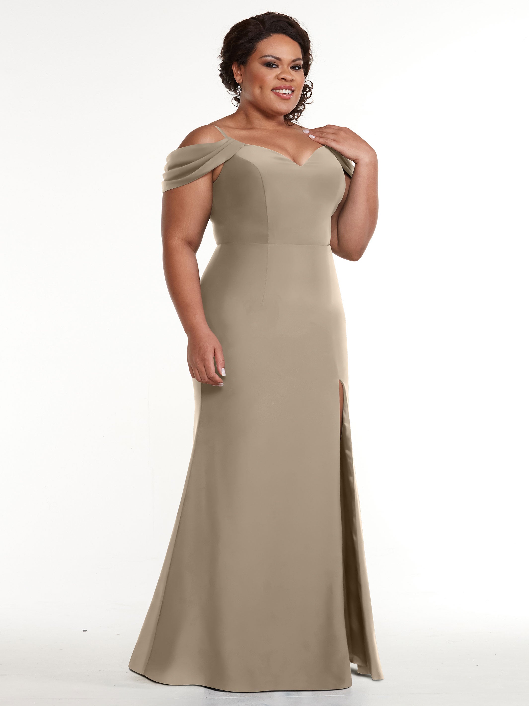Elegant 83029 Fitted Stretch Chiffon Off-The-Shoulder Bridesmaid Dress with High Slit - Perfect for Weddings, Prom & Formal Events
