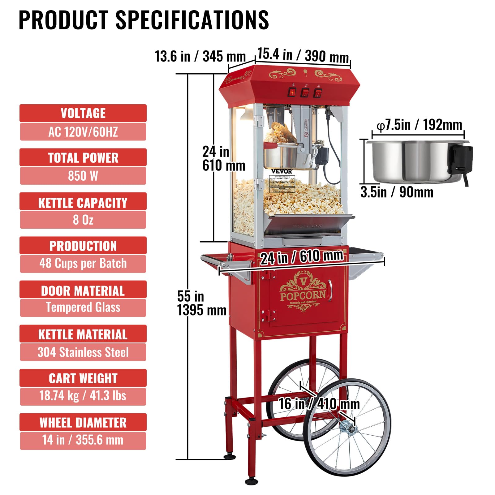 VEVOR 8 Oz Commercial Popcorn Machine - 850W Theater Style Popper with Wheels, Makes 48 Cups per Batch - 3-Switch Control, Steel Frame & Tempered Glass Doors - Includes Scoop & Spoons - Perfect for Movie Theaters, Carnivals, and Home Theater Snack Bars