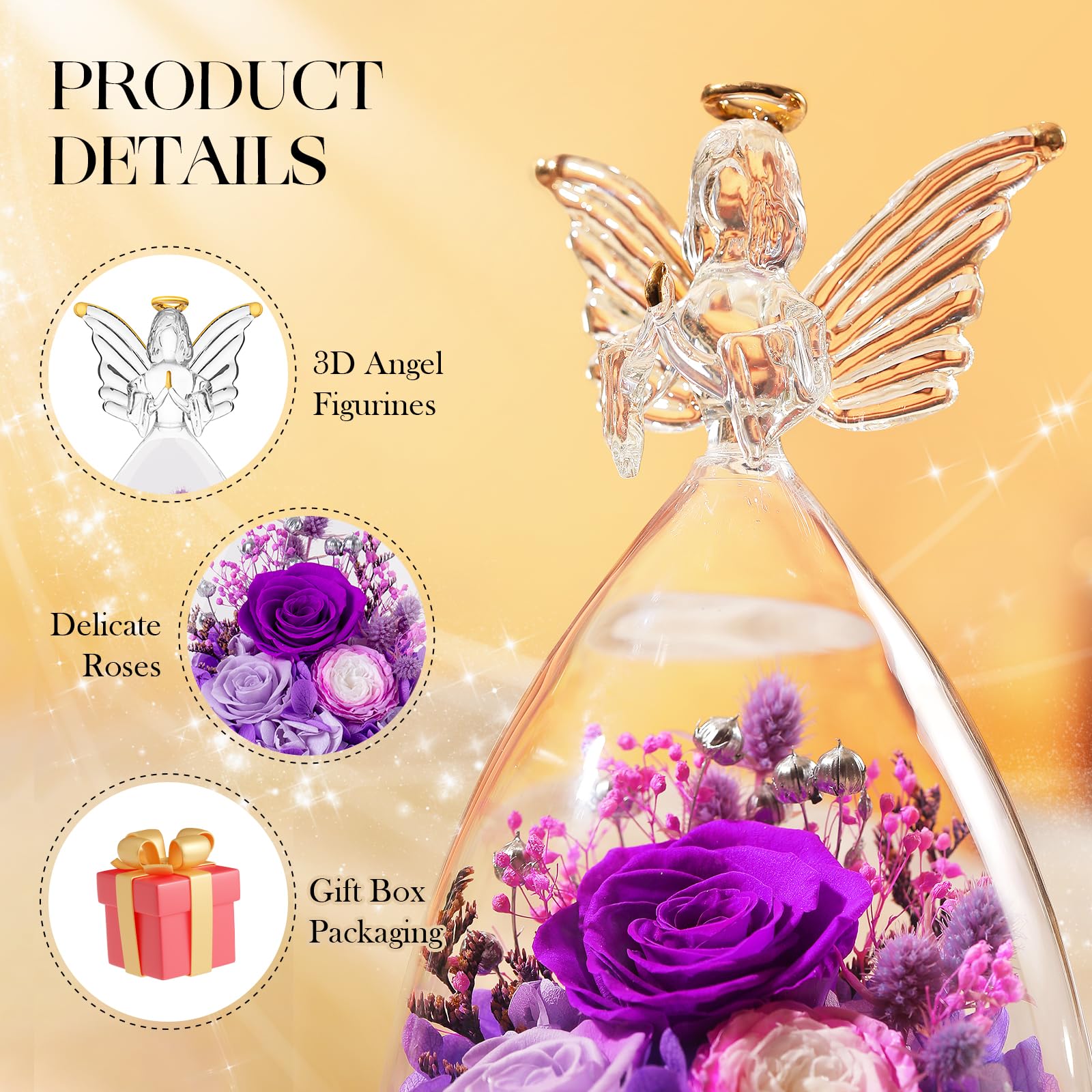 Angel Roses Preserved Real Flowers in Glass Figurine - Unique Mother's Day, Birthday Gift for Mom, Grandma, Wife & Mother-in-Law | Home Decor, Wedding Centerpiece, Romantic Keepsake