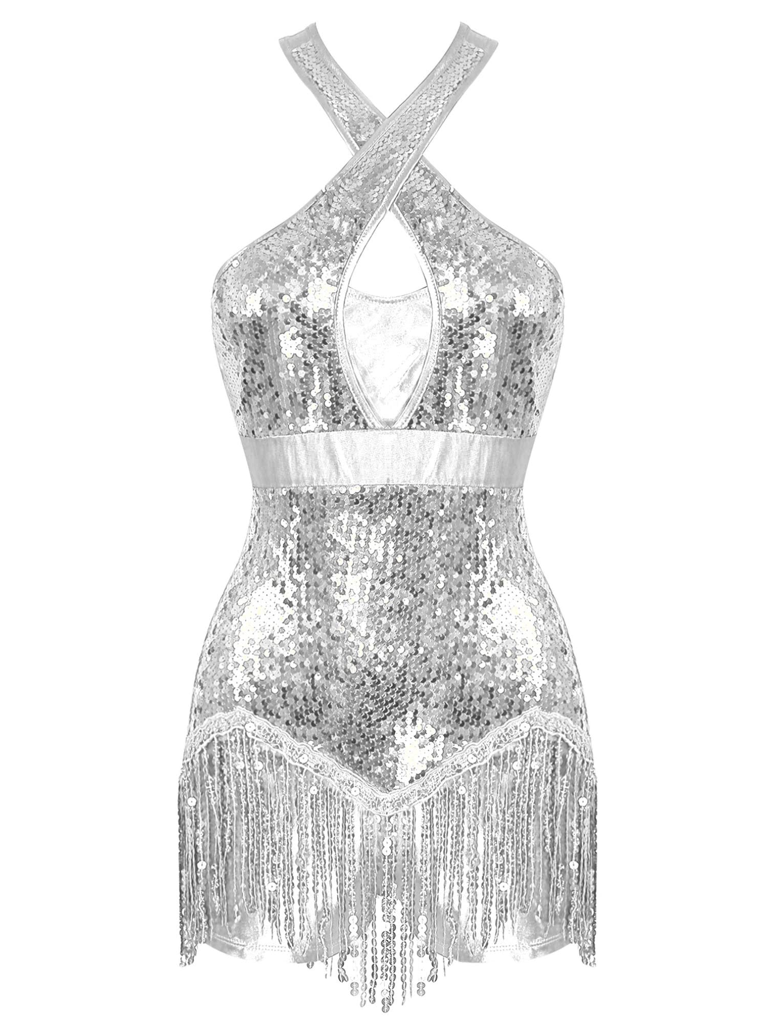 FEESHOW Women's Sequin Fringe Leotard - Shiny Tassel Latin Dance Costume, Jazz Dance Top Bodysuit for Performance, Competition & Stage Shows