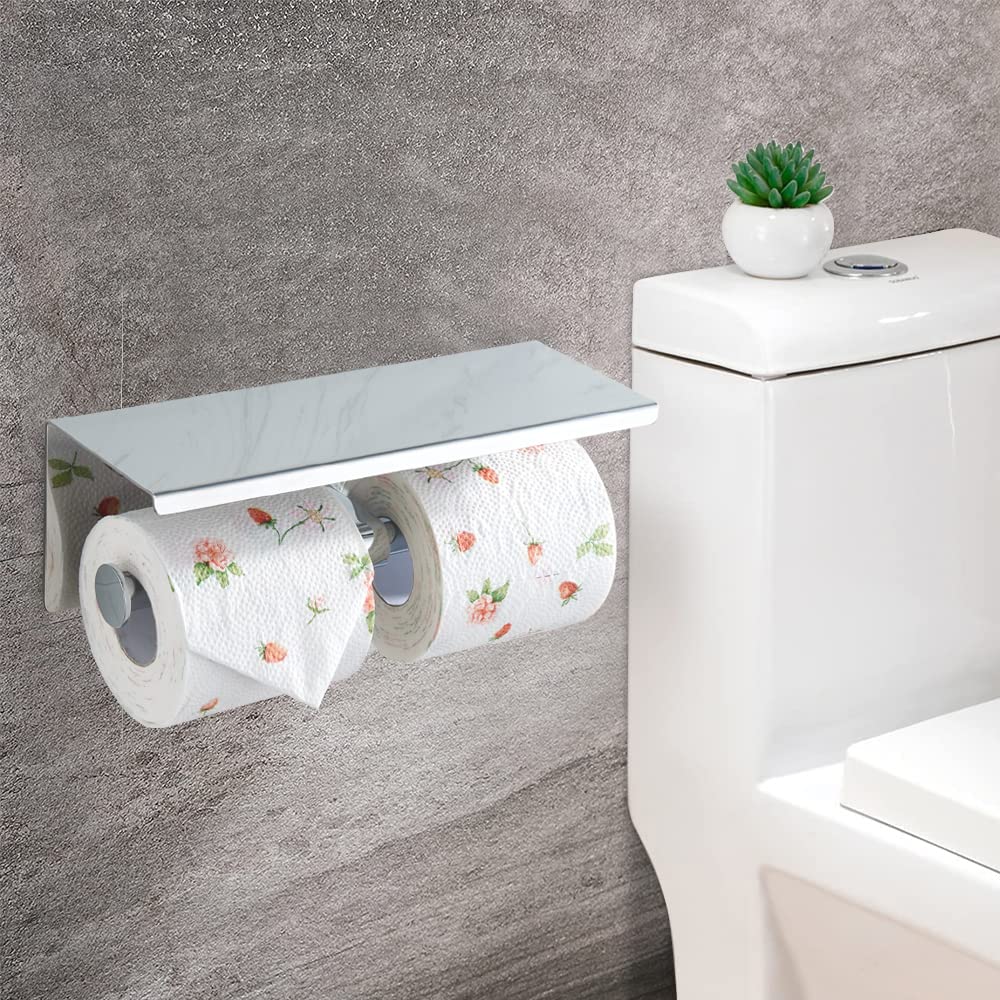 Premium 304 Stainless Steel Double Toilet Paper Holder with Shelf - Brushed Nickel Wall Mounted Bathroom Tissue Roll Dispenser | Space Saving Modern Design for Bathroom, Kitchen & RV