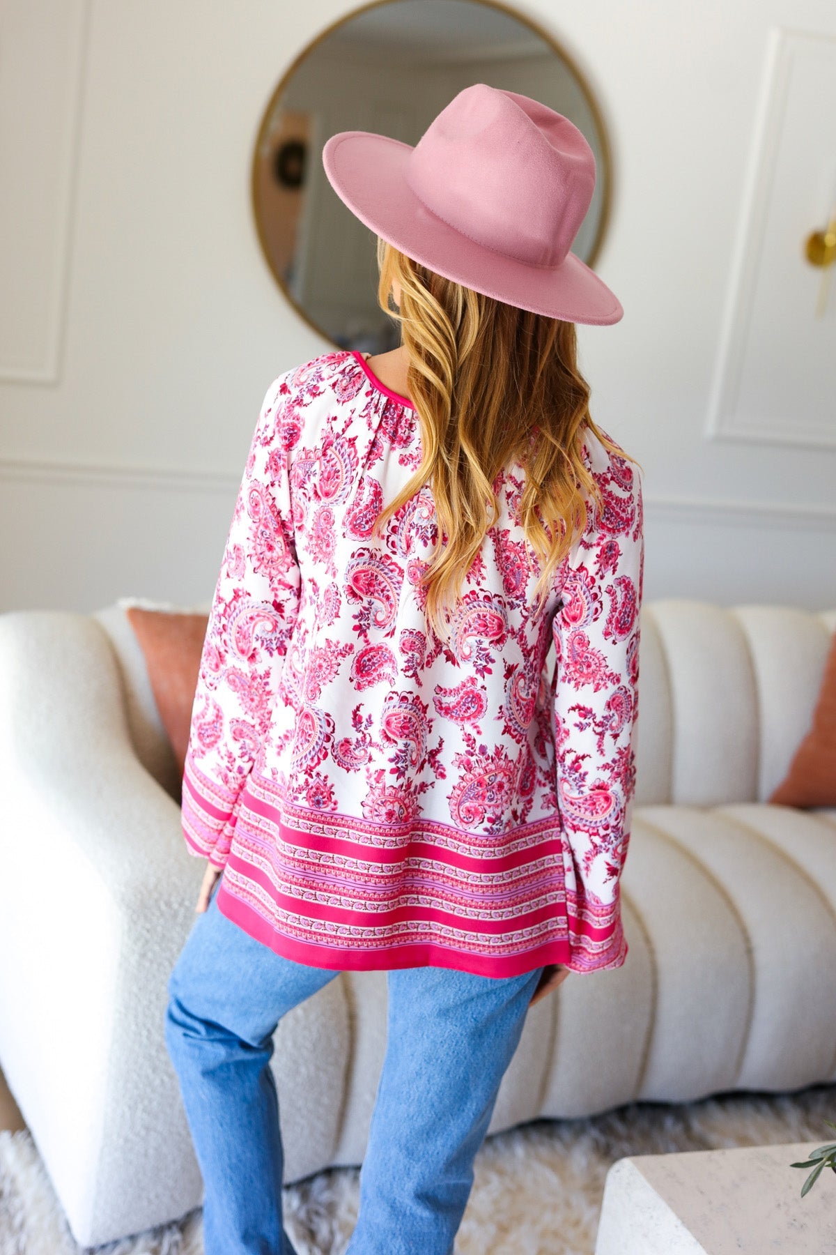 Stylish Fuchsia Paisley Boho Tie Front Top for Women | Flowy Summer Blouse for Beach, Music Festivals & Casual Outings