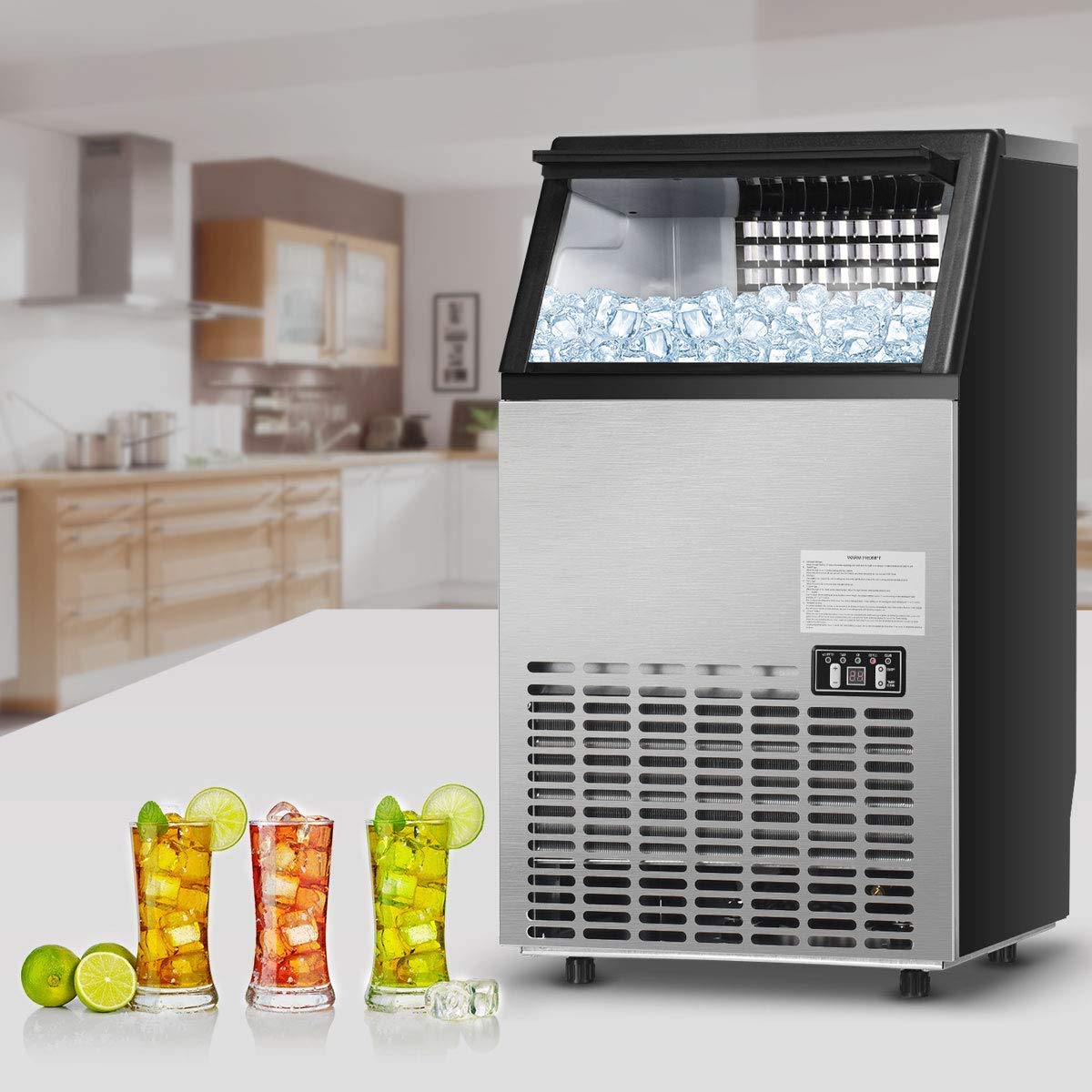 MAT EXPERT Commercial & Home Ice Maker Machine - 33lbs Stainless Steel Electric Ice Cube Maker with Storage Bin & Ice Shovel - Free Standing for Restaurants, Bars, Coffee Shops, Parties & Home Use - Perfect for Beverage Service, Cocktails & Entertaining