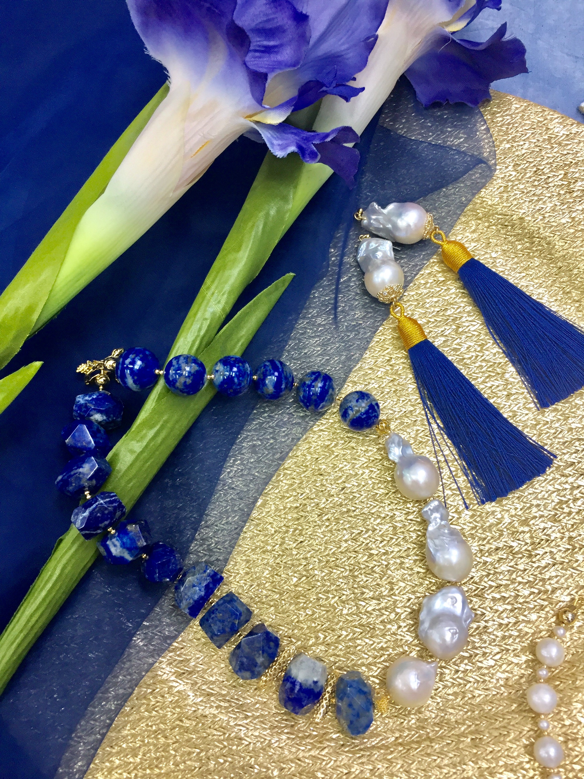 Exquisite Baroque Pearl and Lapis Lazuli Statement Necklace CN001 - Elegant Jewelry for Weddings, Parties & Special Occasions