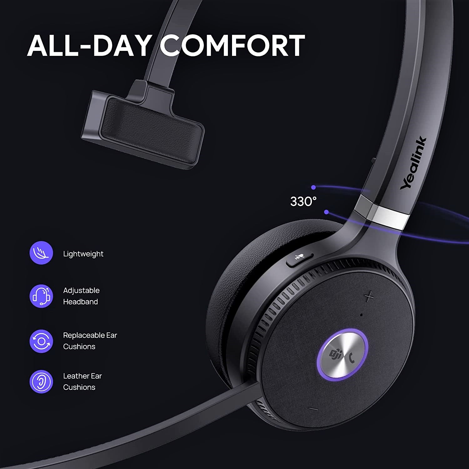Yealink WH62 Wireless Headset - Dual/Mono DECT Portable Headphones for Office, Call Center & Remote Work | Noise Cancelling Mic, Comfortable Ear Cushions, Long Battery Life