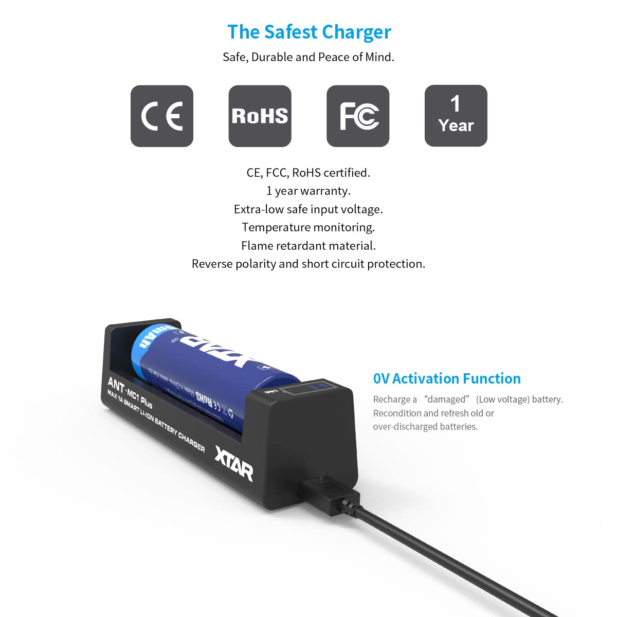 XTAR MC1 Plus 18650 Battery Charger - 1A Max Fast Charging for 18650/26650/16340 Li-ion Batteries (Battery Not Included) | Perfect for Flashlights, Vape Mods & Emergency Power Banks