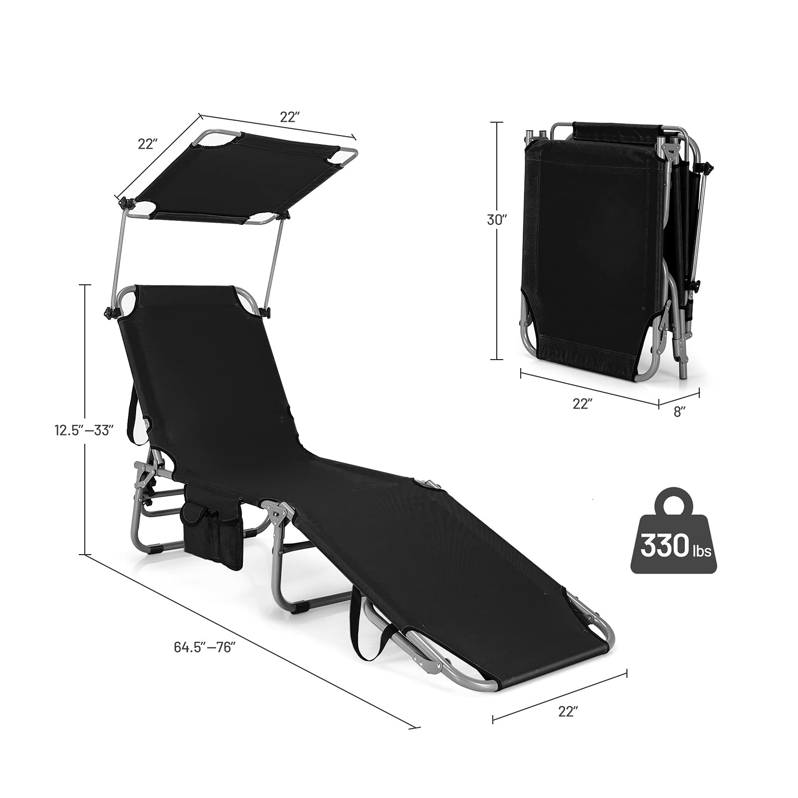 **Giantex Outdoor Folding Chaise Lounge Chair - 5 Adjustable Positions, 360° Canopy Shade & Side Storage Pocket - Portable Tanning Chair for Beach, Pool, Patio, Lawn & Backyard Relaxation (Black, 2-Pack)**    *(Perfect for Sunbathing, Lounging by the Pool, or Relaxing in Your Backyard!)*