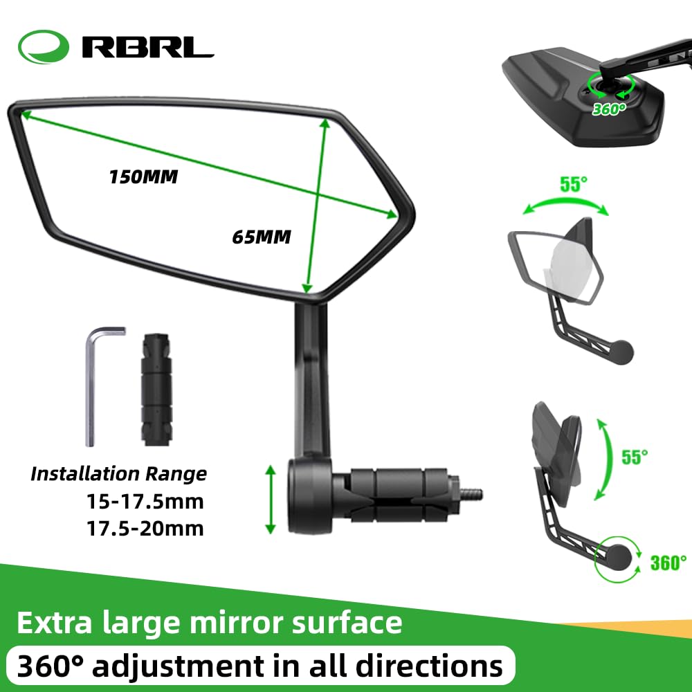 RBRL Bike Mirror Bar End - Rotatable Bicycle Side Mirror with Automotive Grade Glass | Universal Scratch-Resistant Rearview Mirror for Mountain Bikes, E-Bikes & Road Bikes (Left) | Perfect for Safe Cycling & Commuting