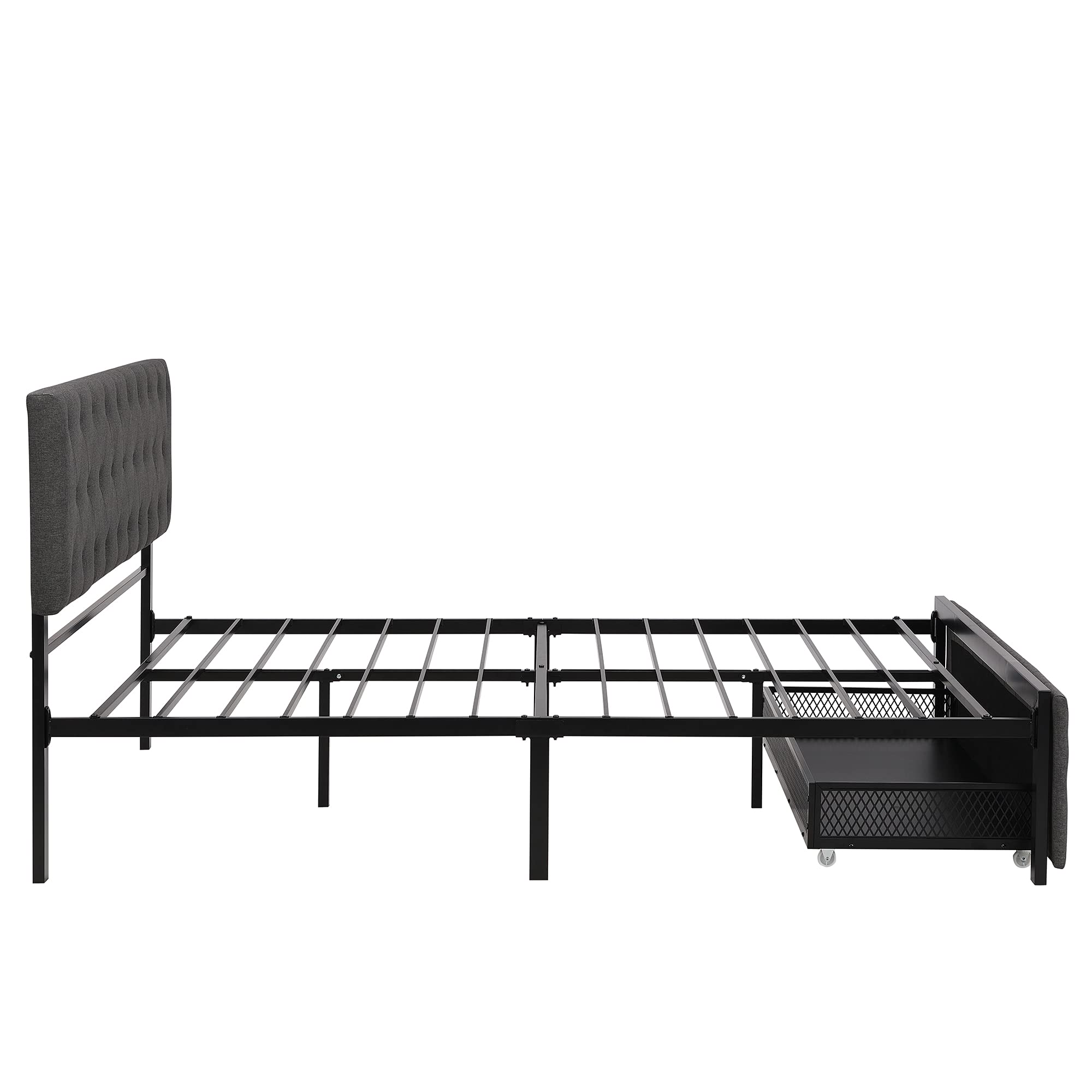 Queen Size Upholstered Storage Bed Frame with Large Drawer - Sturdy Metal Frame & Slat Support System, No Box Spring Needed (Gray) - Perfect for Small Bedrooms & Modern Apartments with Limited Space