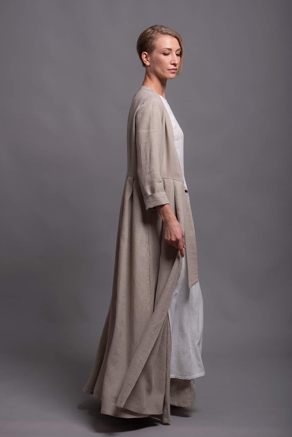 HANK Women's Maxi Linen Coat Dress with Long Sleeves, Belt & Pockets - Custom Made in 31 Colors - Elegant Office Wear & Spring Outerwear