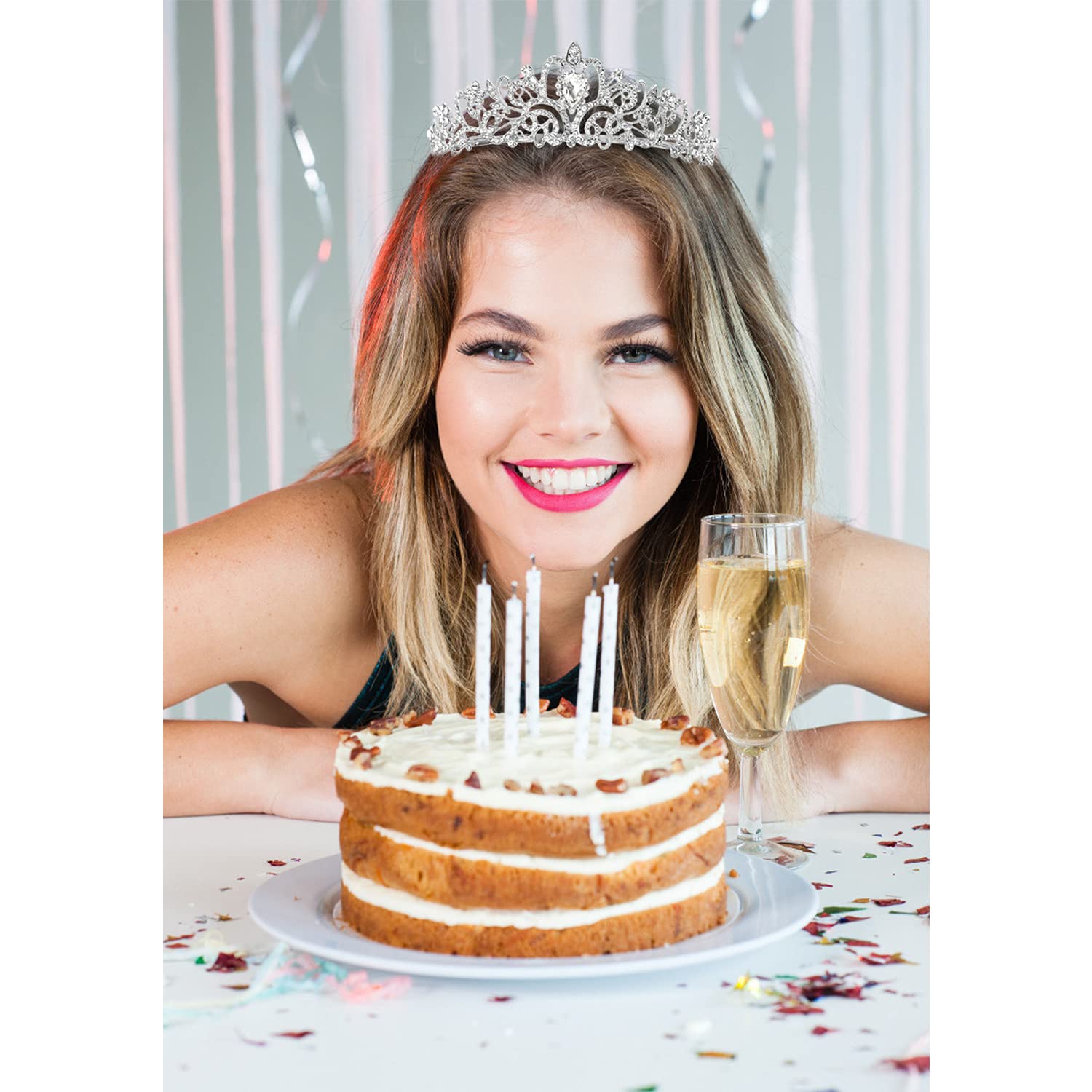 Elegant Silver Crystal Tiara & Birthday Queen Sash Set - Women's Birthday Crown & Party Decorations - Perfect for Women & Girls Birthday Parties, Bachelorette Celebrations & Special Occasions