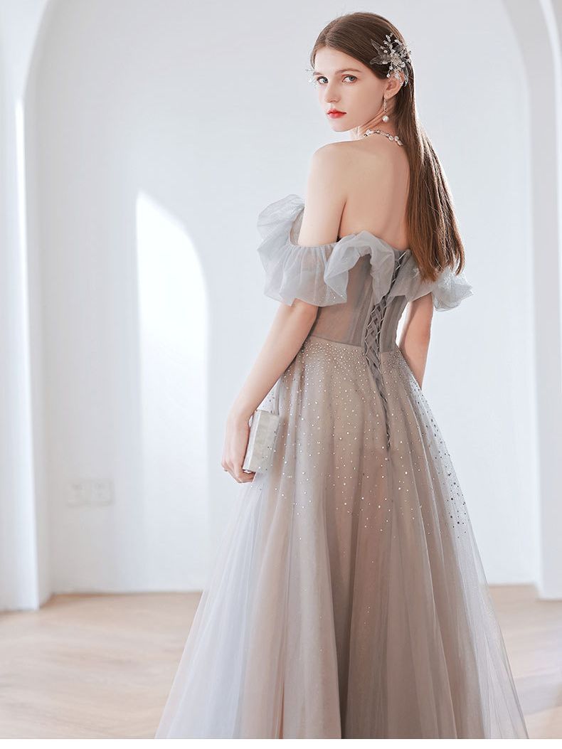 Elegant Off Shoulder Gray Sequins Long Prom Dress - A-Line Tulle Formal Evening Gown for Women | Perfect for Homecoming, Ball, Wedding & Special Occasions