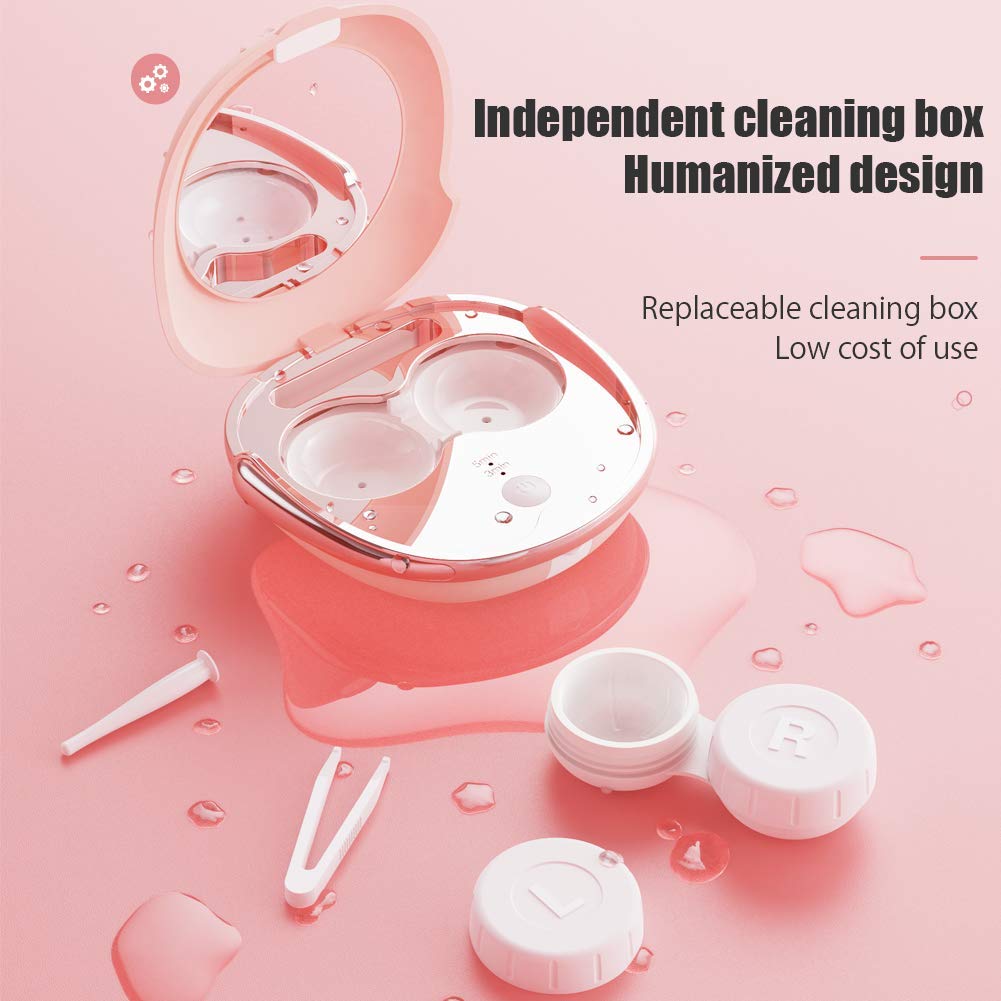 OFONE Rechargeable Contact Lens Cleaner Case - Fast Vibration Cleaning with Mirror & Remover Applicator | Portable Lens Cleaning Machine for Travel, Home & Daily Use | Pink (Ideal for Soft & Hard Lenses)
