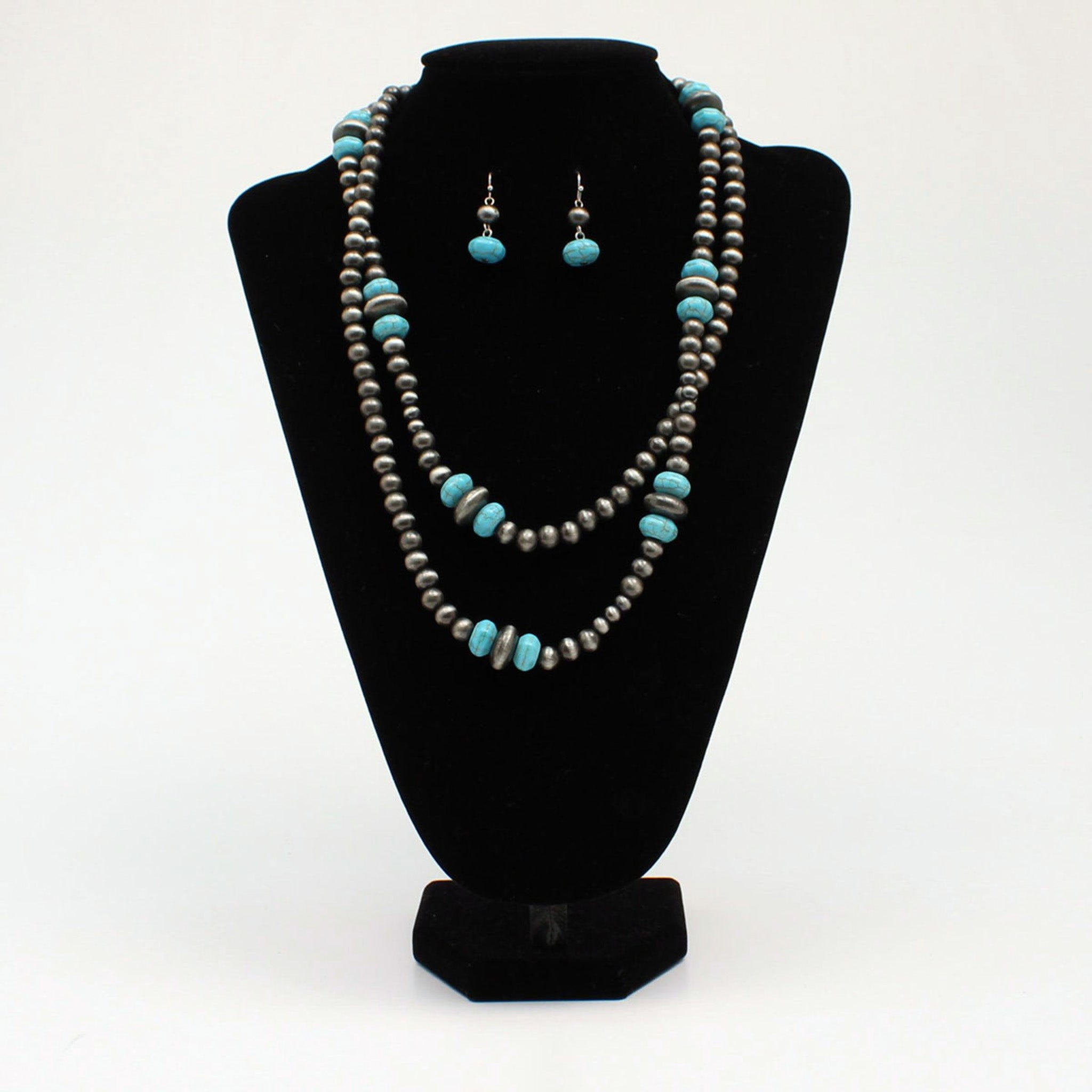 Blazin Roxx Silver Turquoise Double Strand Necklace for Women – Boho Chic Jewelry for Casual & Party Wear | Handmade Beaded Statement Necklace