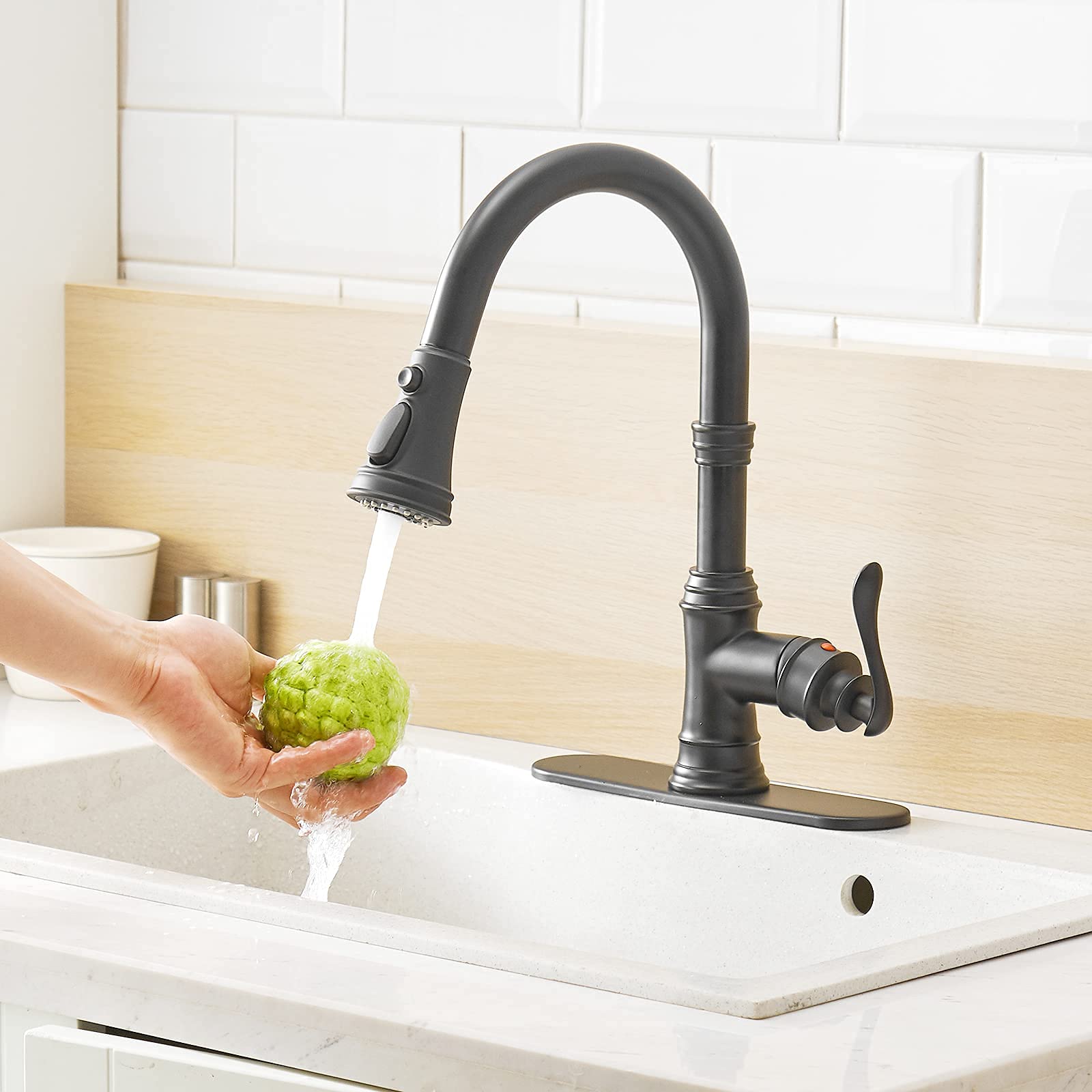 Black Widespread Bathroom Sink Faucet - Waterfall Spout 3 Hole & Black Kitchen Faucet with Pull Down Sprayer - 3 Spray Modes - Perfect for Modern Home, Bathroom and Kitchen Renovation