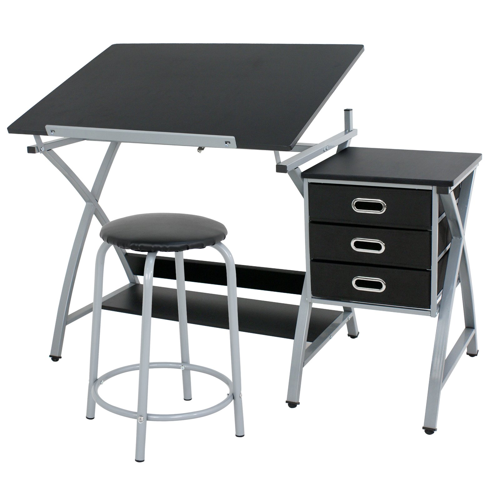 Adjustable Tilt Drafting Desk with Stool & 3 Storage Drawers - Art Drawing Table for Sketching, Crafting & Design Work - Perfect for Artists, Architects & Students