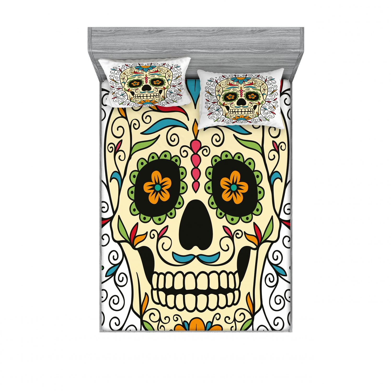 Ambesonne Sugar Skull 2-Piece Queen Fitted Sheet Set with 4 Pillow Shams - Vibrant Calavera Print Bedding Collection for Day of The Dead Decor & Mexican Themed Bedroom