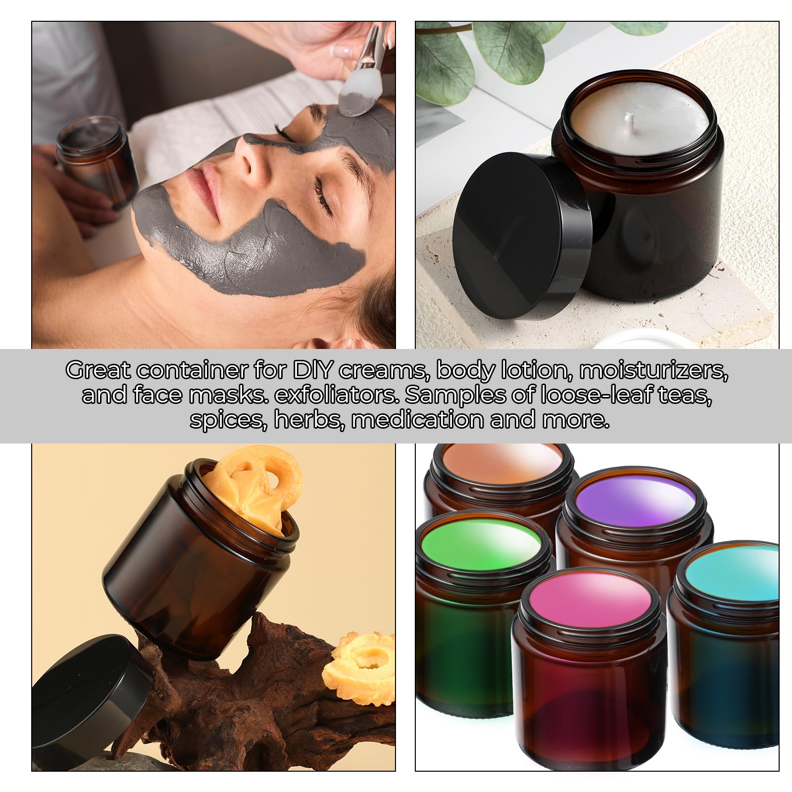 2Pcs Small Amber Glass Jars with Black Lids & Inner Liners - Refillable Cosmetic Containers for Cream, Lotion, Powder, Ointments - Perfect for DIY Skincare, Travel Toiletries & Home Organization