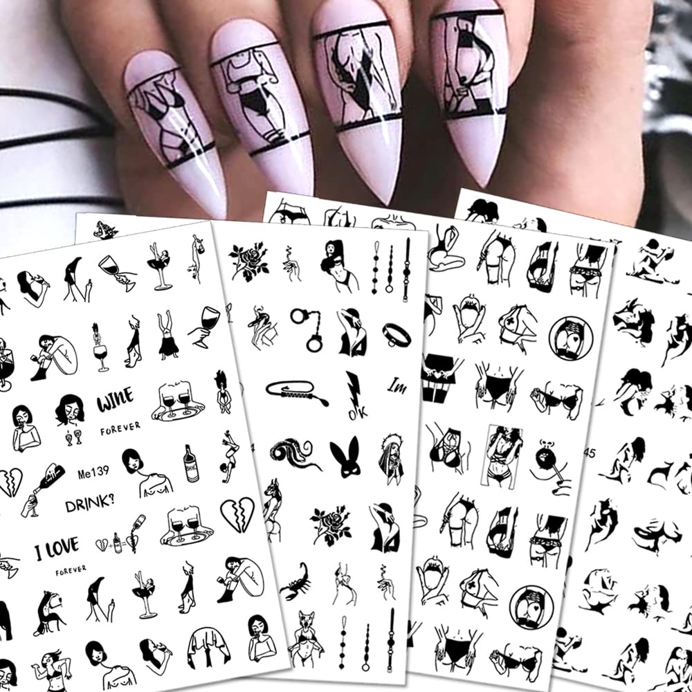 8 Sheets Sexy Girl Nail Stickers - Abstract Woman Face Nail Decals, Self-Adhesive 3D Nail Art for DIY Designs | Perfect for Parties, Salons & Nail Art Enthusiasts