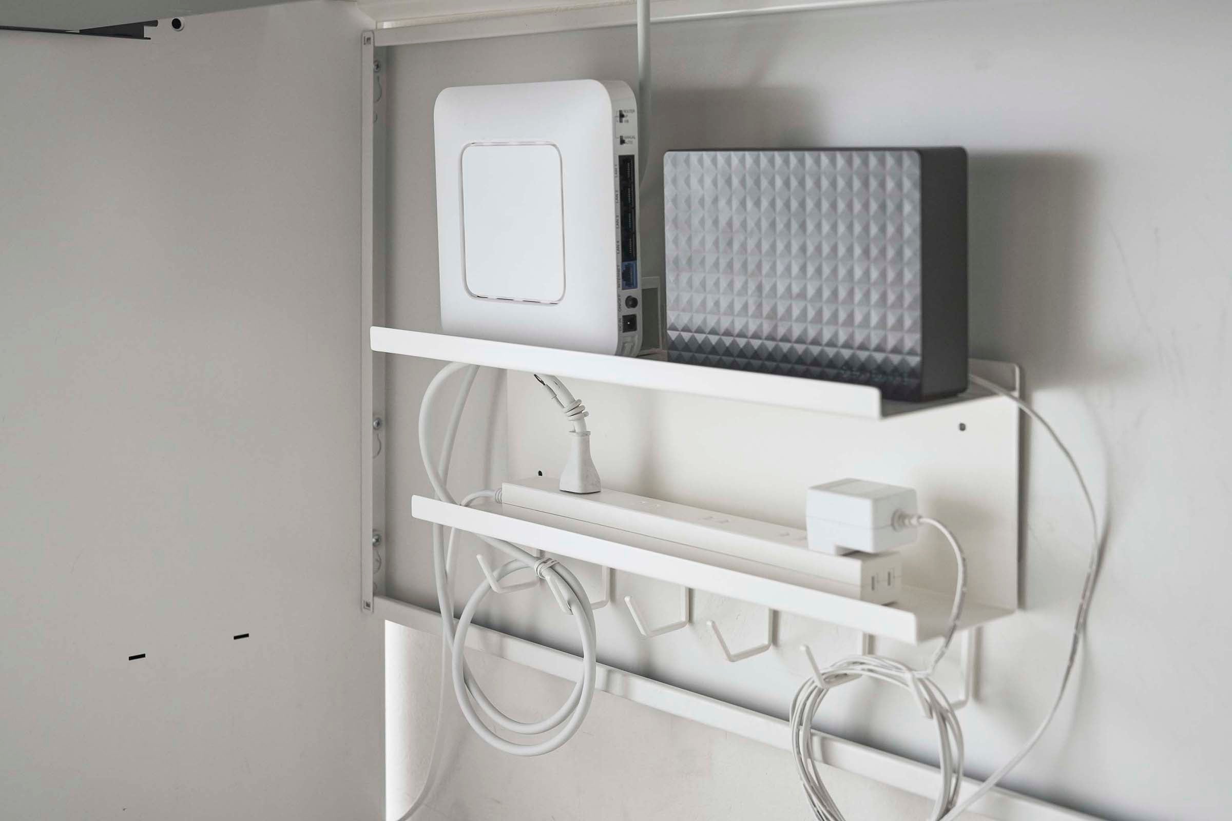 Wall Mount Cable & Router Storage Rack - Steel Organizer for Home & Office Network Setup - Perfect for WiFi Router, Modem, and Cable Management