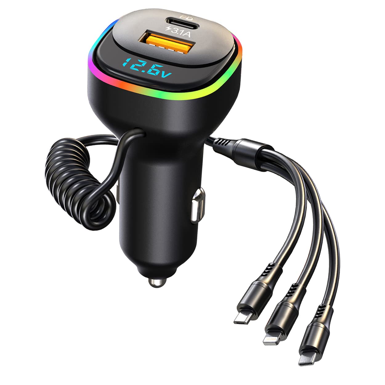 100W USB C Car Charger with 5 Ports - PD3.0 & QC3.0 Fast Charging Adapter for iPhone 15/14, Samsung Galaxy S23/S22, Google Pixel 8 - Includes 4ft Type C Coiled Cable - Perfect for Road Trips & Multi-Device Charging in Cars, Trucks & RVs