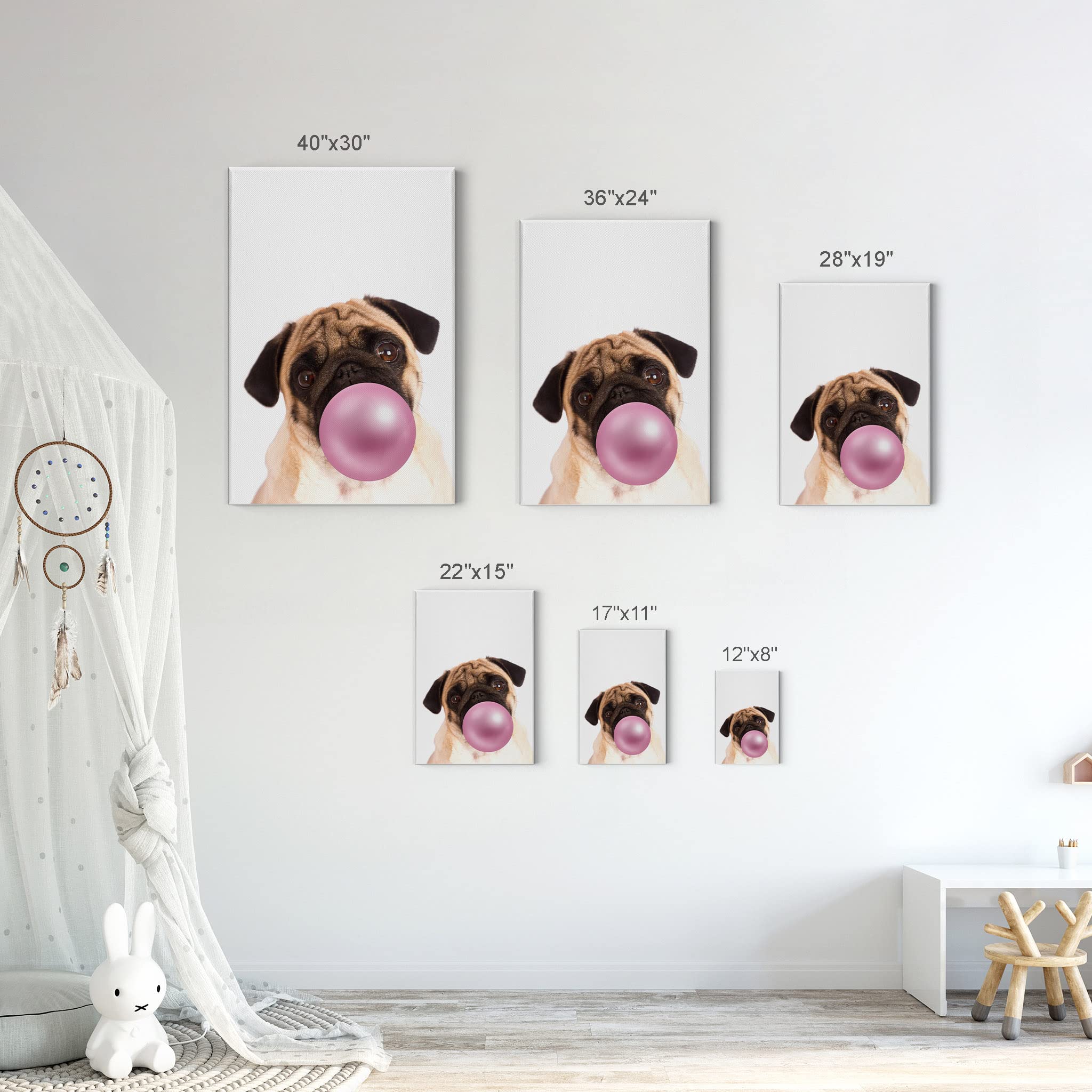 Cute Pug Dog Bubble Gum Pop Art Canvas Print - Pink Animal Wall Decor for Kids Room, Nursery & Home - 40x30 Inch Made in USA | Fun Playroom & Bedroom Decoration