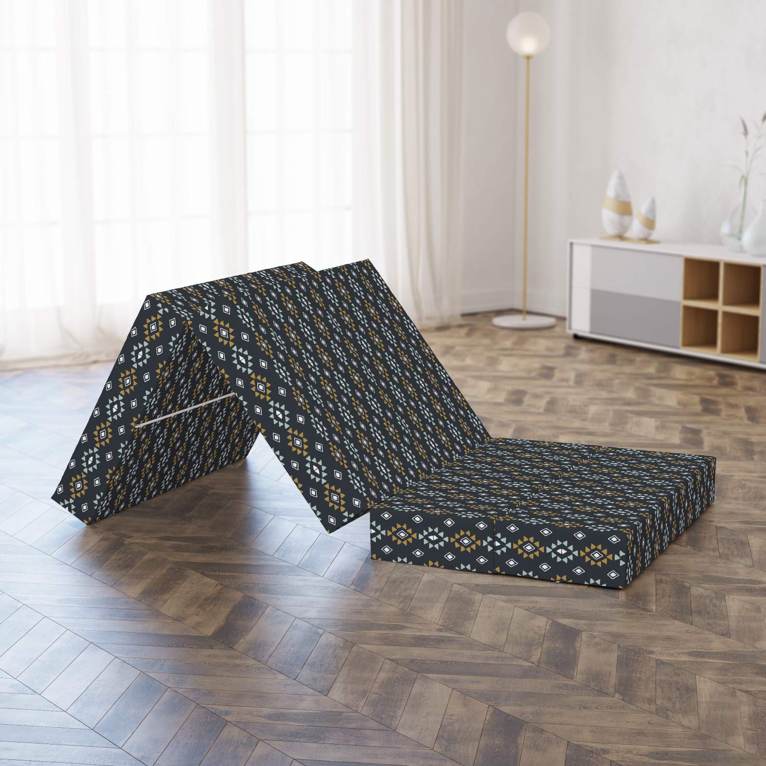 Ambesonne Geometric Foldable Mattress - Tribal Rhombus and Triangle Design, 74.8