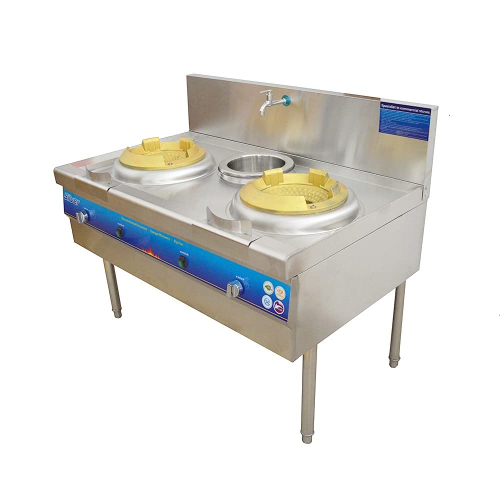 Commercial Double Burner Gas Stove - High Power Stainless Steel Chinese Wok Range with LPG & 110V - Perfect for Restaurant Kitchen, Food Truck & Outdoor Cooking