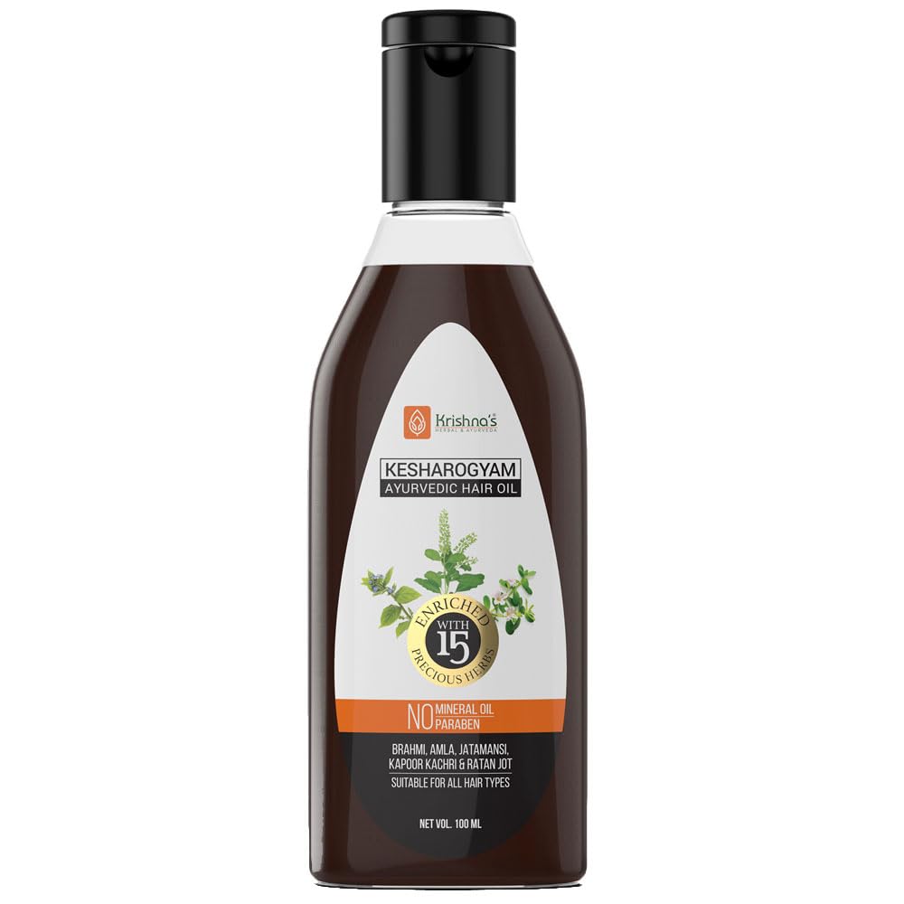 Krishna's Kesharogyam Ayurvedic Hair Oil - 100ml Natural Hair Growth Treatment with 15 Herbs (Amla, Jatamasi) | Paraben-Free for Strong, Healthy Hair | Perfect for Daily Scalp Massage & Hair Care Routine