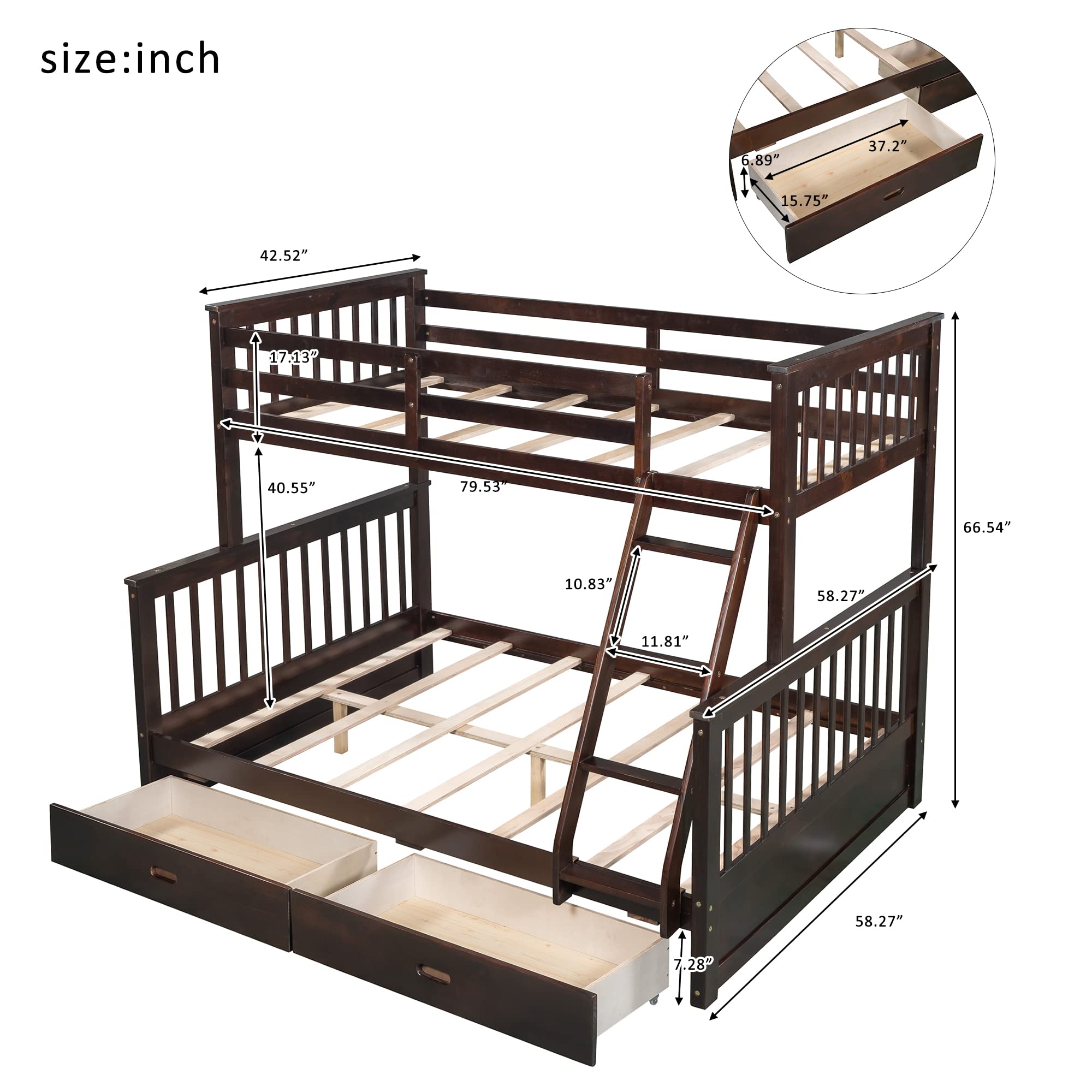 Solid Wood Twin Over Full Bunk Bed with 2 Storage Drawers - Sturdy Bunk Bed Frame with Guardrails & Ladder for Kids, Teens & Adults - No Box Spring Needed (Espresso) - Perfect for Small Rooms, Guest Rooms & Vacation Homes