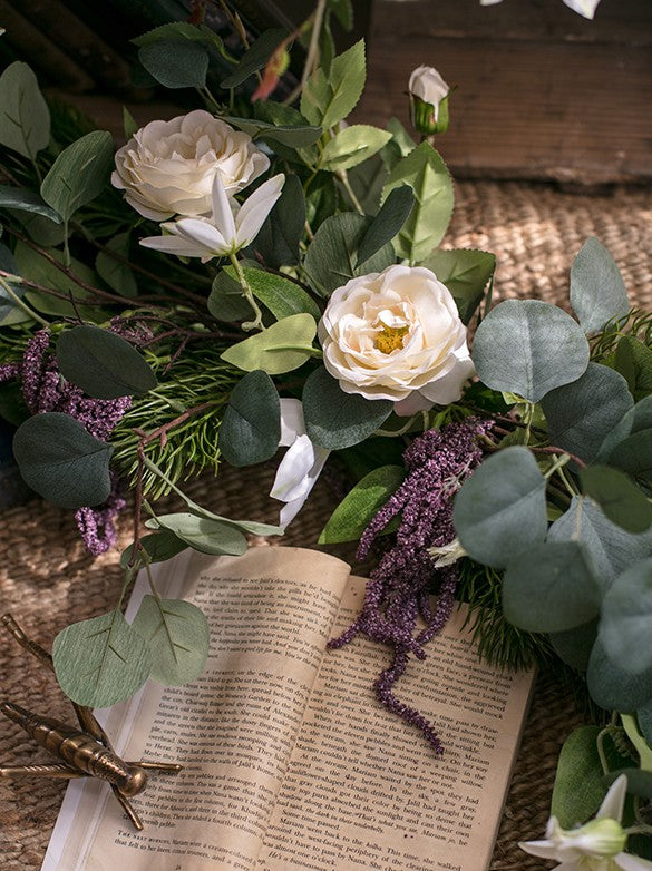 Eucalyptus Globulus, Clematis & White Rose Artificial Flower Arrangement - Modern Home Decor for Dining Table, Living Room & Wedding Centerpieces