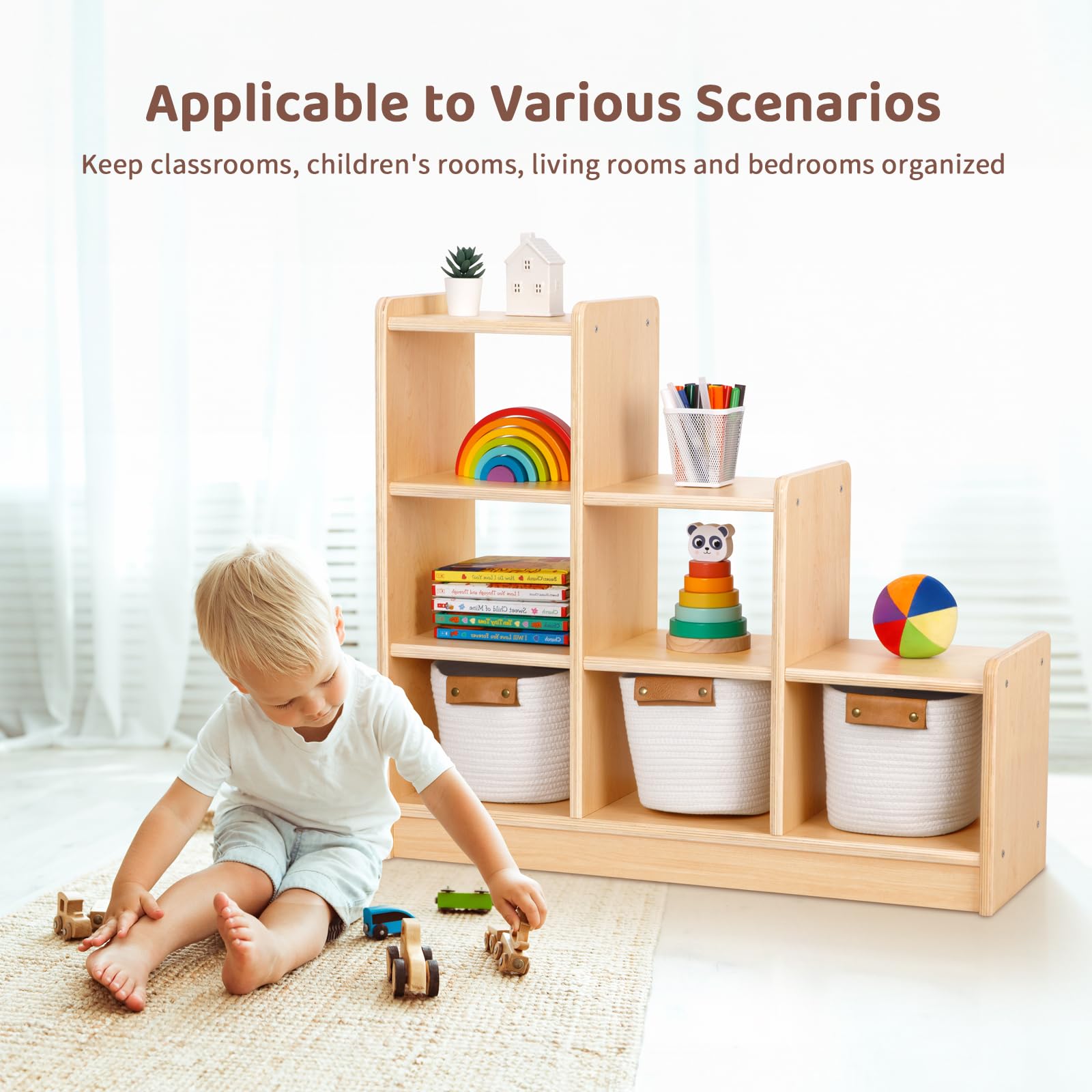 9 Cube Storage Cabinet - L Shaped Freestanding Ladder Corner Bookshelf with 6 Cubes | 4 Tier Wooden Display Shelf for Kids Room, Living Room & Office Organization | Natural Finish Bookcase & Home Decor Storage Solution