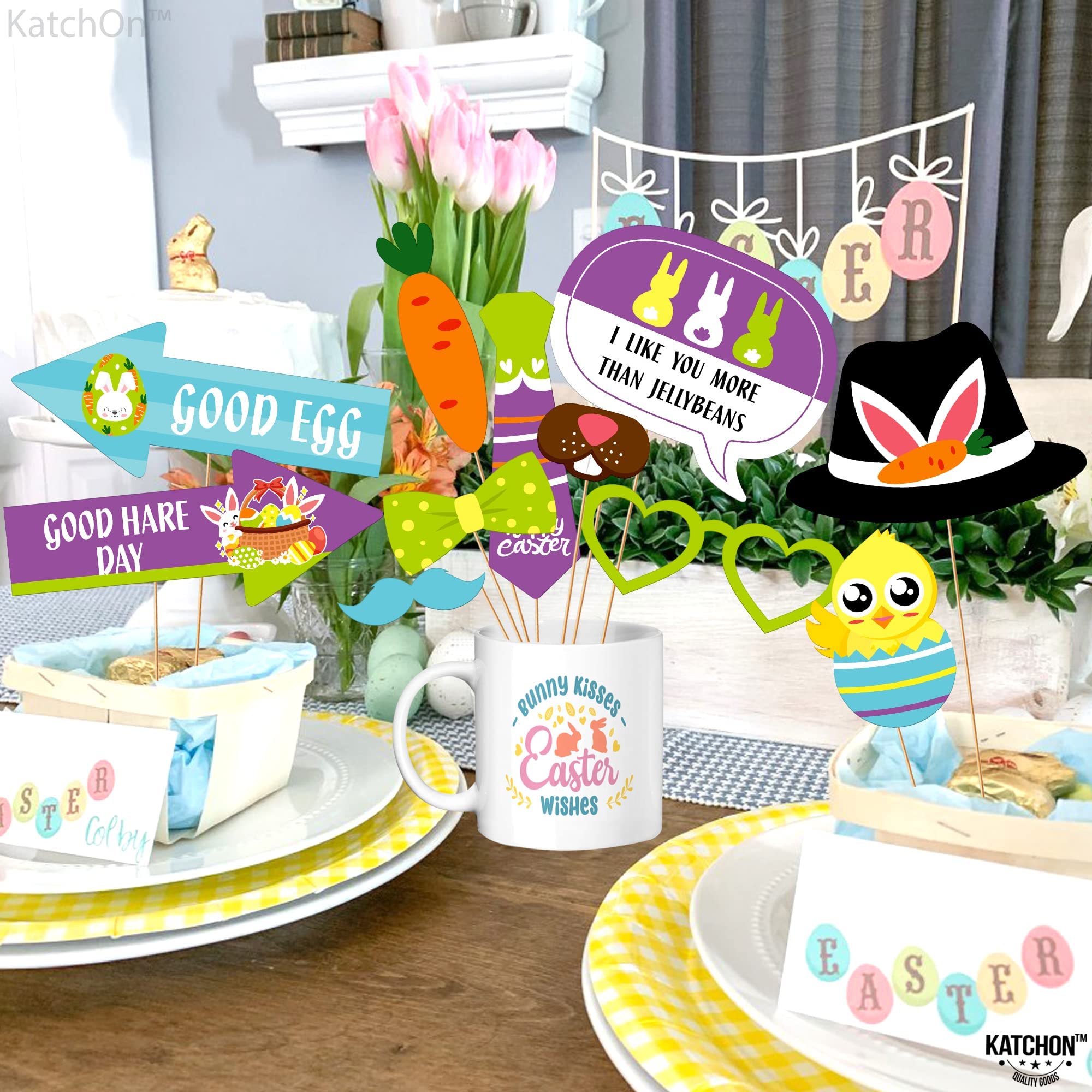 KatchOn Happy Easter Photo Booth Props - 31-Piece Set for Easter Photoshoot & Spring Party Decor | Easter Photography Backdrops, Bunny Ears & Themed Signs | Perfect for Easter Egg Hunts, Family Photos & Spring Celebrations