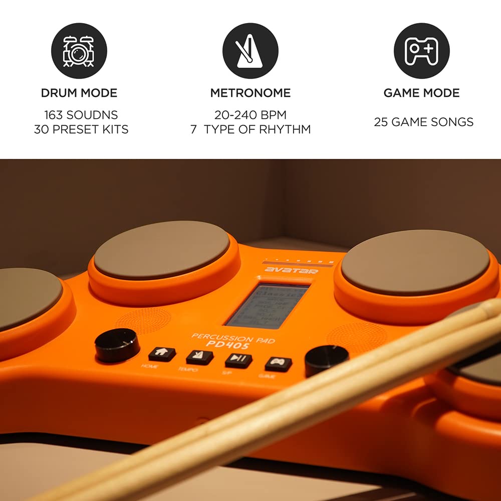 PD405 Electronic Drum Set with 4 Velocity-Sensitive Pads, 163 Sounds, Built-in Speaker, Pedals & Drum Sticks - Perfect for Beginners, Home Practice & Christmas Gifts