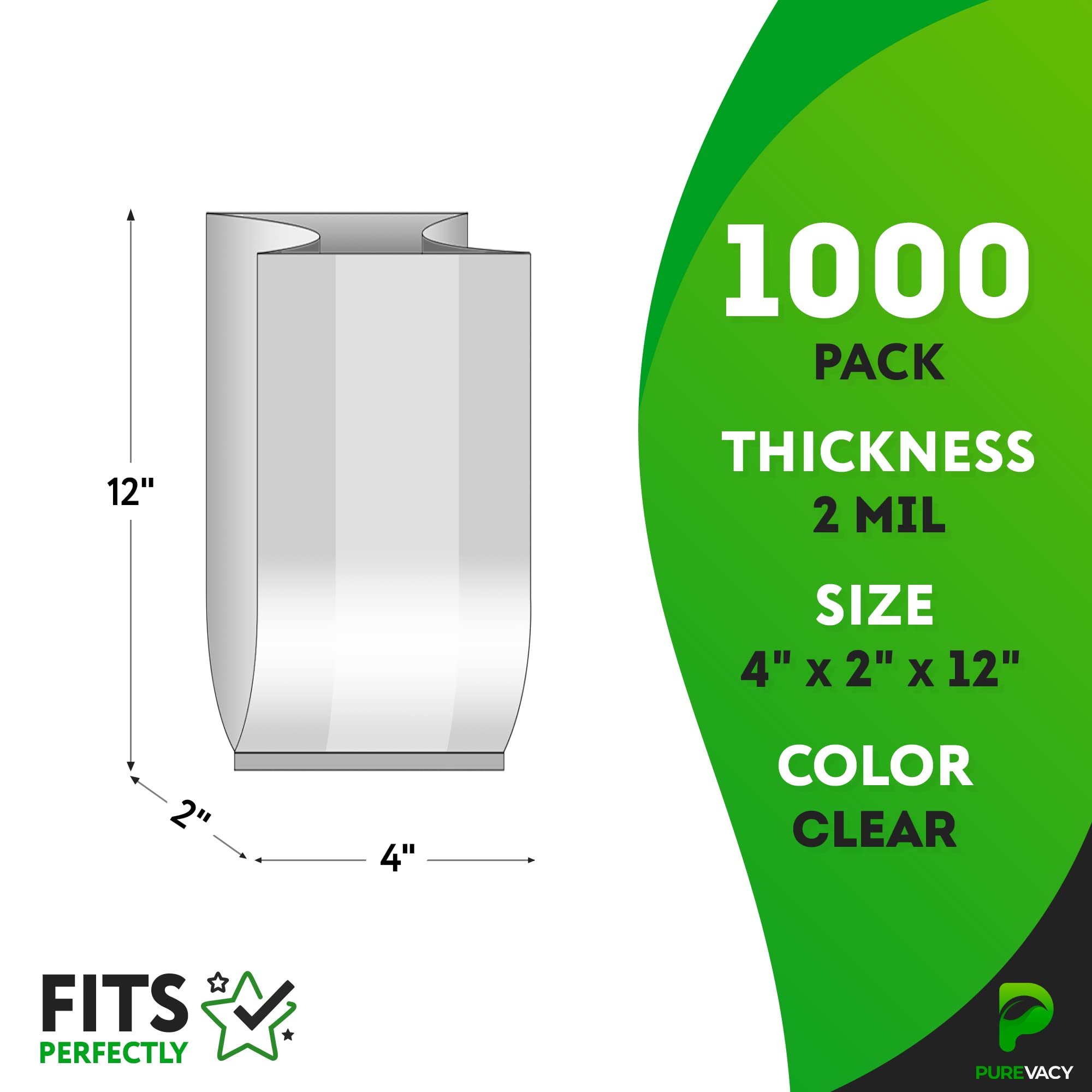 4x2x12 Inch Clear Poly Bags - 1000 Pack Side Gusseted Leak-Proof Packaging Bags for Gifts, Favors, Fruits, Grains & Coffee Beans | Perfect for Food Storage, Retail Display & Shipping Protection