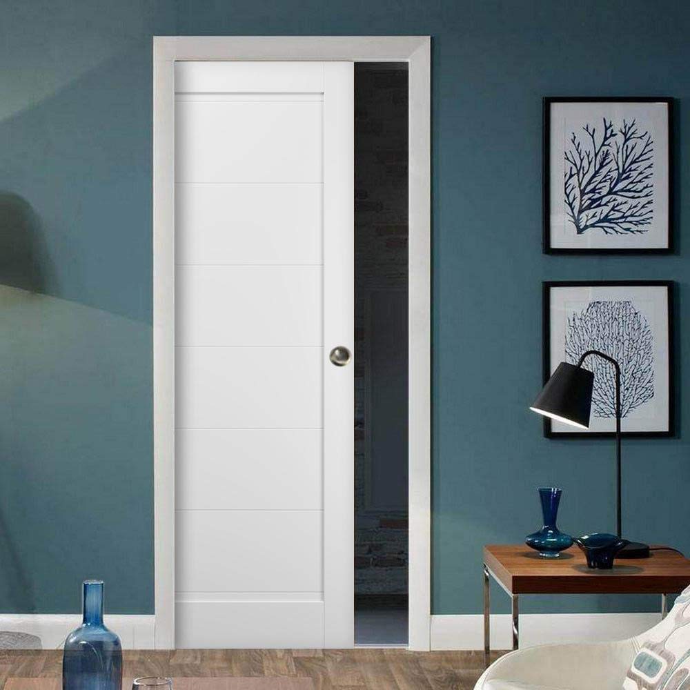 SARTODOORS 30x96 Inches Panel Pocket Door Kit with Frames - Quadro 4115 White Silk Finish | Solid Wood Interior Sliding Door | Complete Hardware & Trims Rail Included | Perfect for Pantry, Kitchen, Bedroom & Closet Doors
