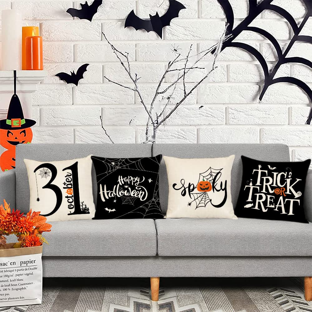 Halloween Pillow Covers 12x12 Set of 4 - Spooky Trick or Treat Throw Pillow Covers with Black Spider Web Design for Sofa, Couch, Bed - Perfect for Indoor & Outdoor Halloween Decorations (12 by 12 Inches)